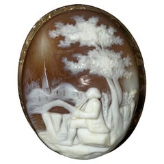 Victorian 41mm Shell Cameo Brooch Featuring Seated Flutist Under Tree