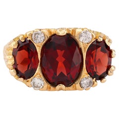 Victorian 4.2 Carat Oval Cut Garnet Diamond 18K Yellow Gold Three Stone Ring