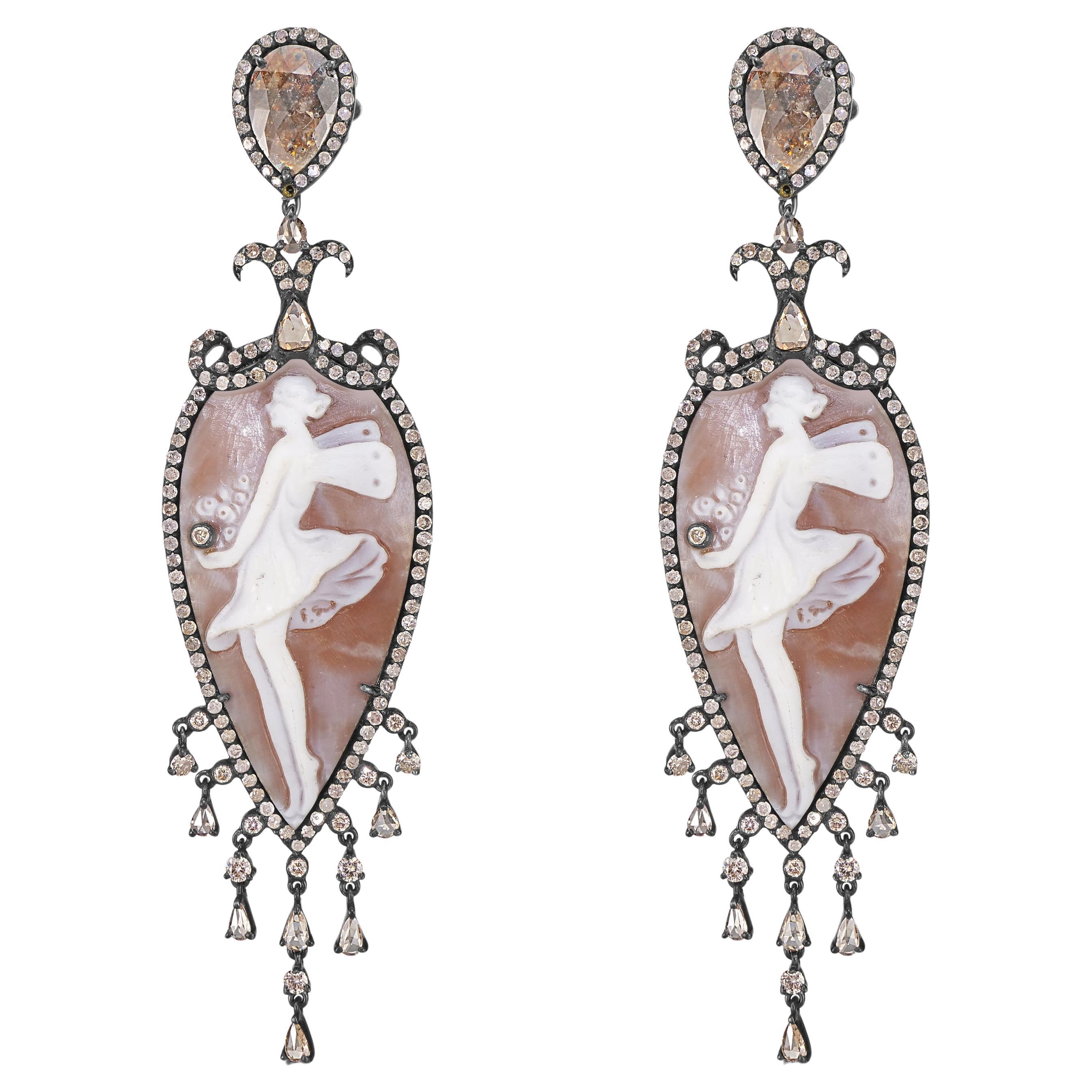 Victorian 42.1 Cttw. Brown Cameos and Diamond Chandelier Drop Dangle Earrings  For Sale