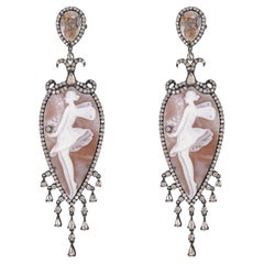 Victorian 42.1 Cttw. Brown Cameos and Diamond Chandelier Drop Dangle Earrings 