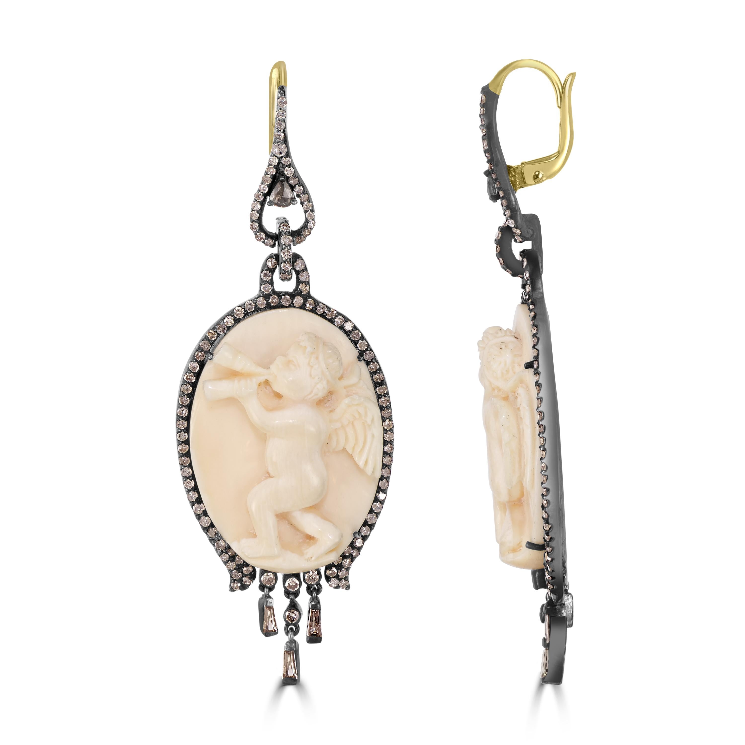 Round Cut Victorian 42.34 Cttw. Ivory Mammoth and Diamond Dangle Earrings  For Sale