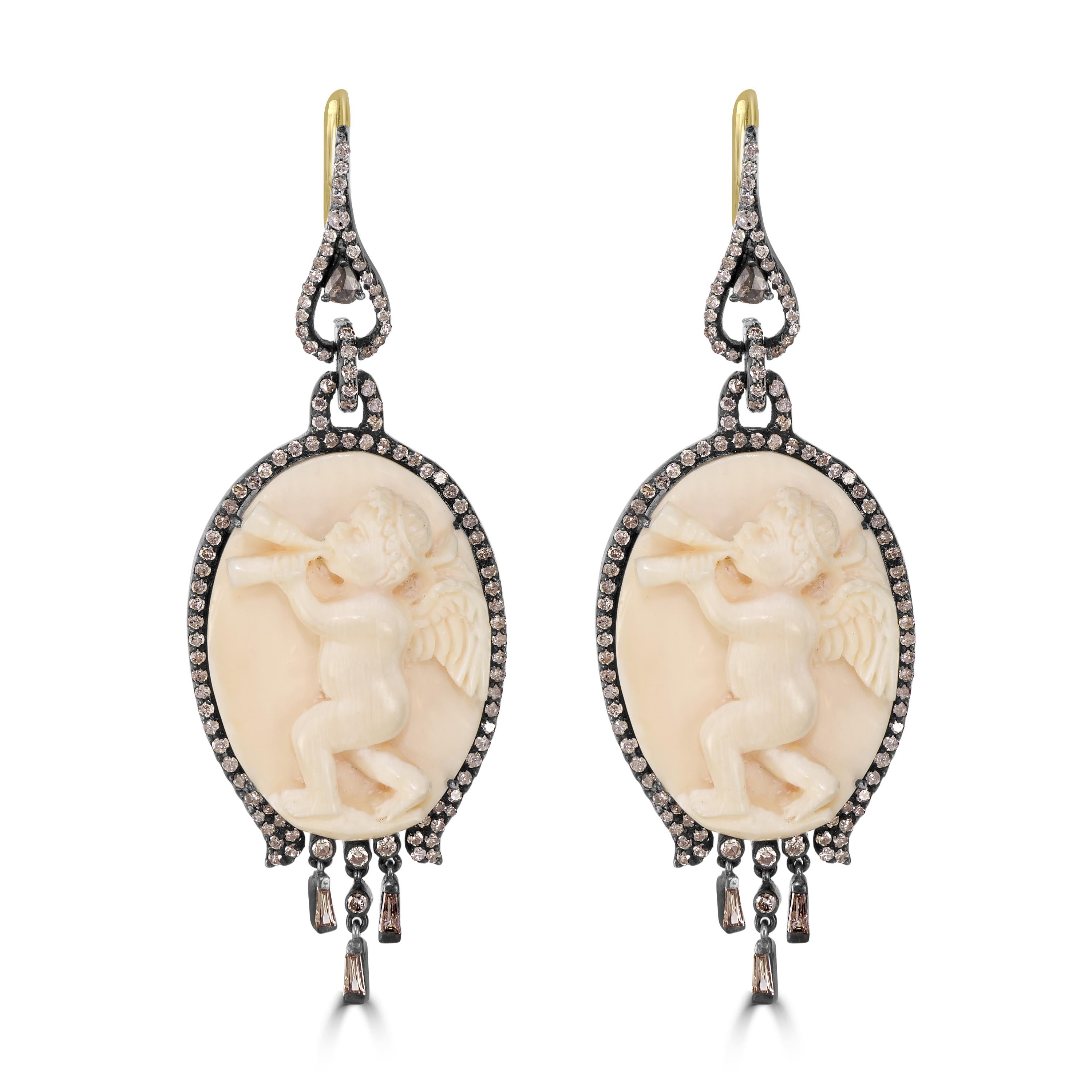 Victorian 42.34 Cttw. Ivory Mammoth and Diamond Dangle Earrings  In New Condition For Sale In New York, NY