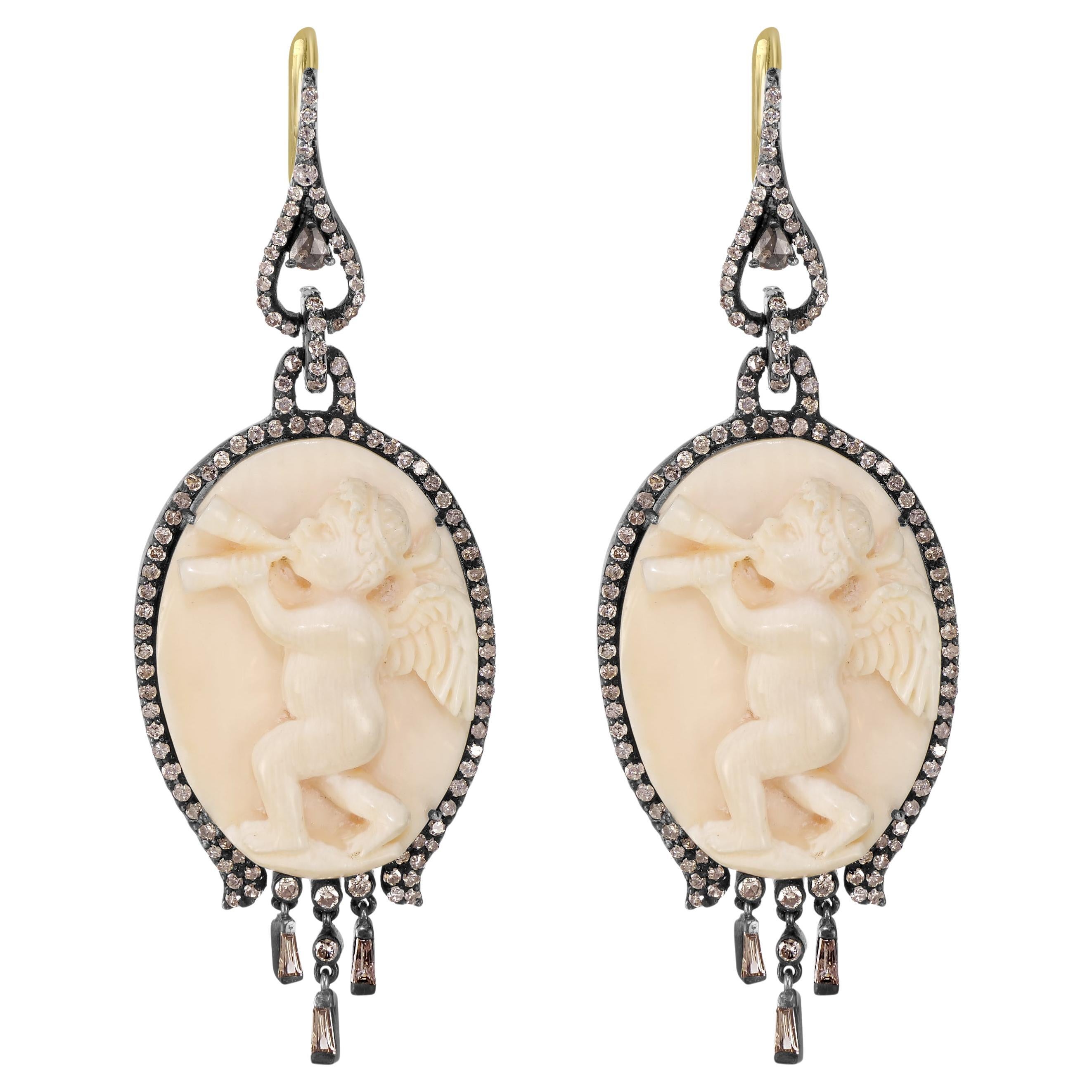 Victorian 42.34 Cttw. Ivory Mammoth and Diamond Dangle Earrings  For Sale