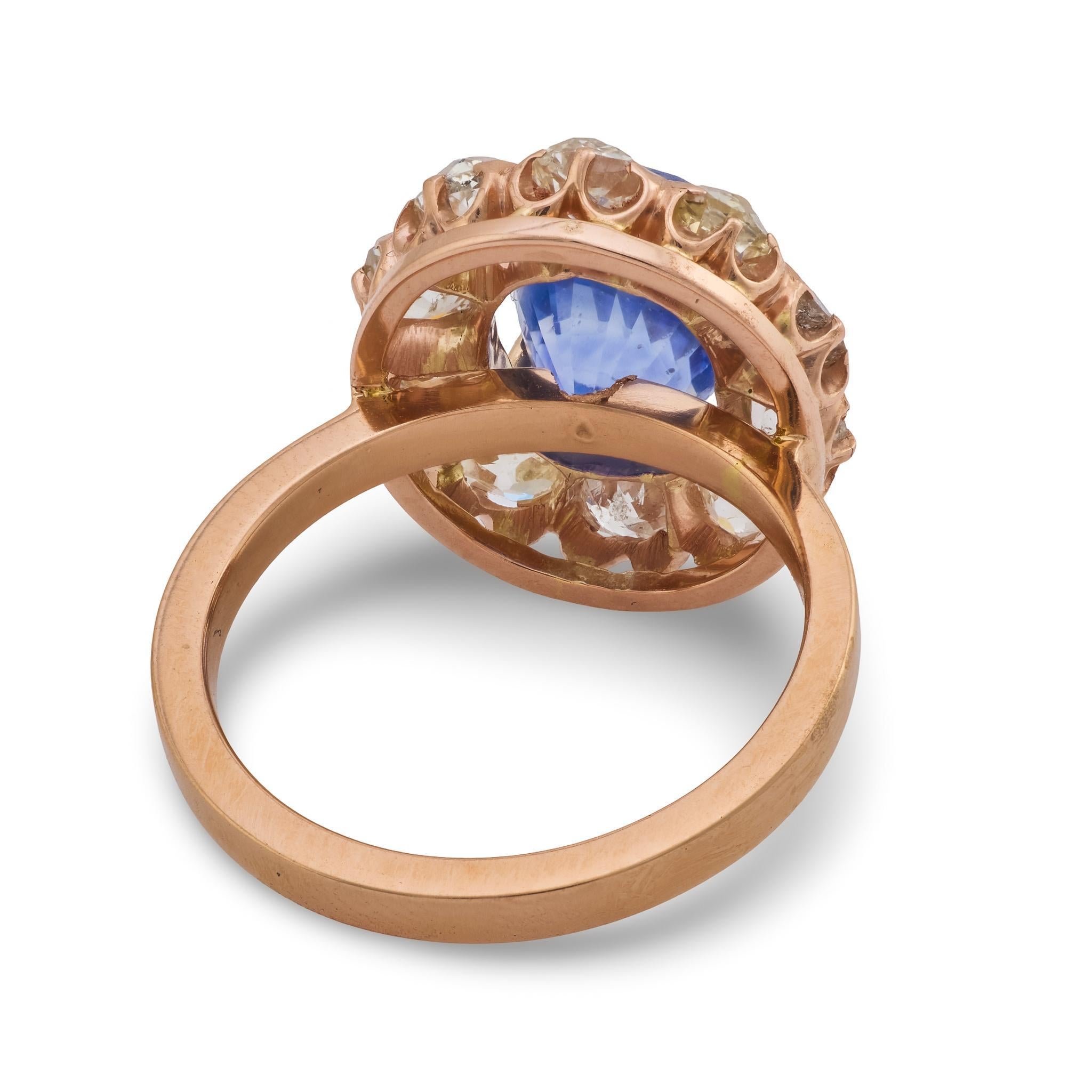 Viktorianischer 4,25 Karat Ceylon Saphir-Diamant 18k Roségold Cluster Ring im Angebot 1
