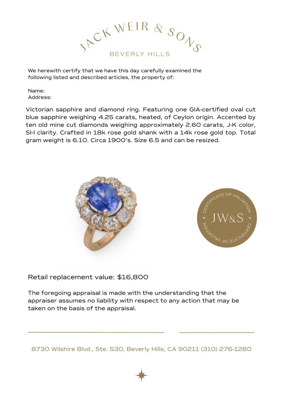 Anello vittoriano a grappolo con zaffiro di Ceylon da 4,25 carati e diamante in oro rosa 18 carati in vendita 2