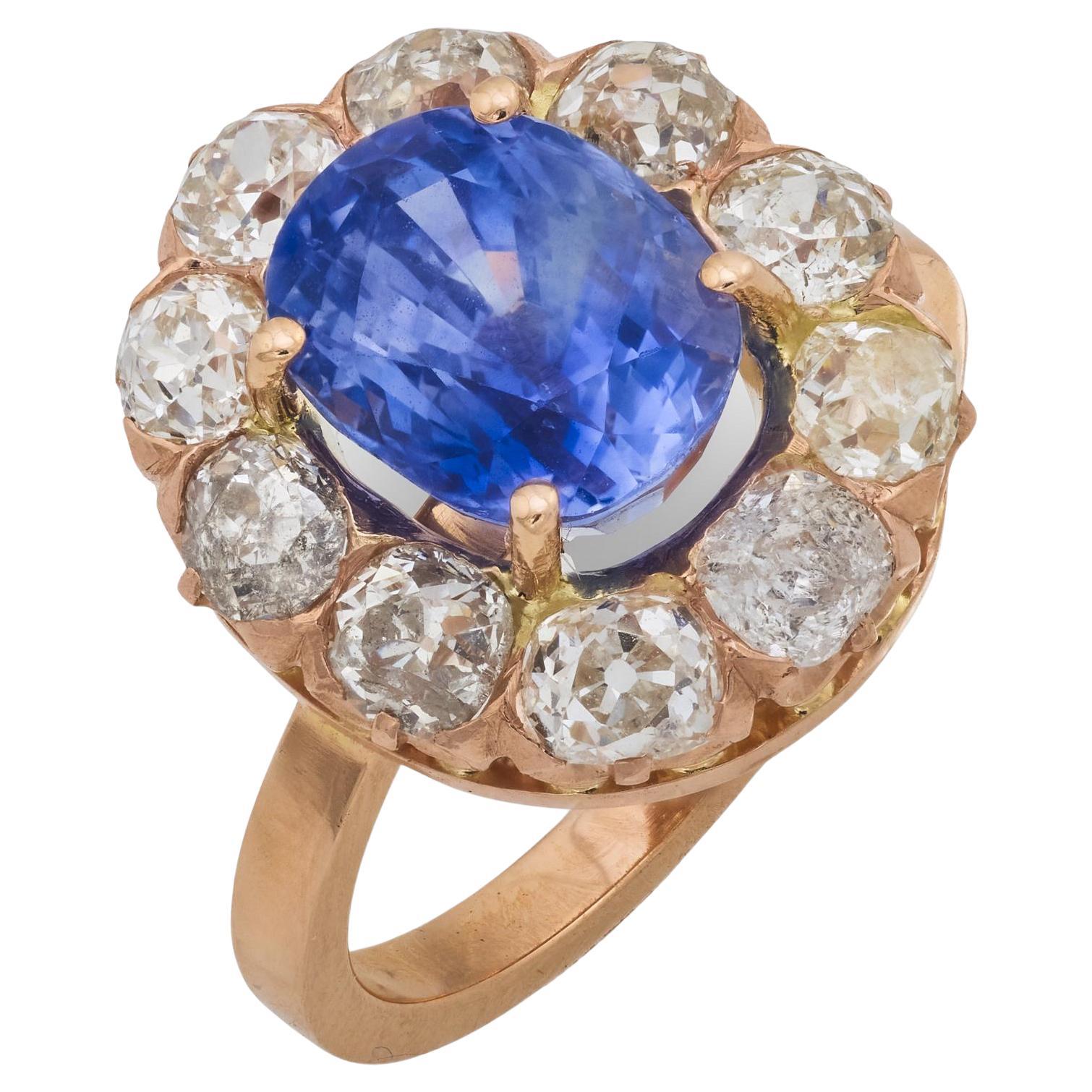 Bague victorienne de 4,25 carats en saphir de Ceylan et diamant en or rose 18 carats