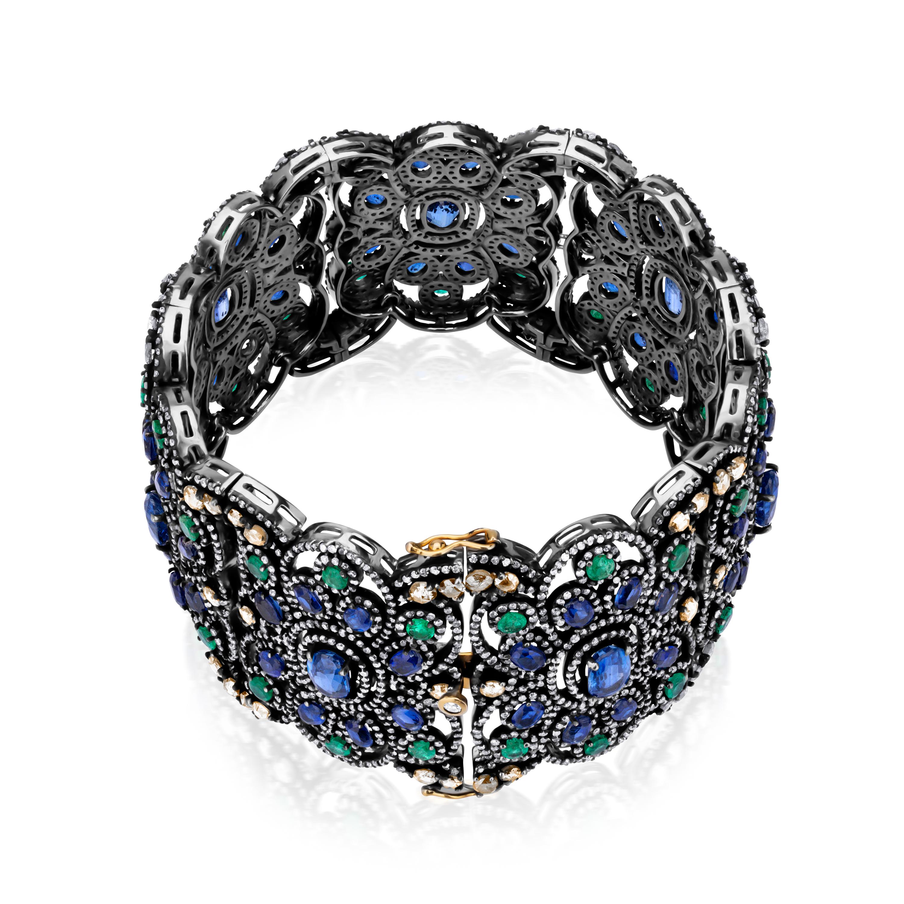 Oval Cut Victorian 42.5cttw. Diamonds, Kyanite and Emerald Floral Bracelet For Sale