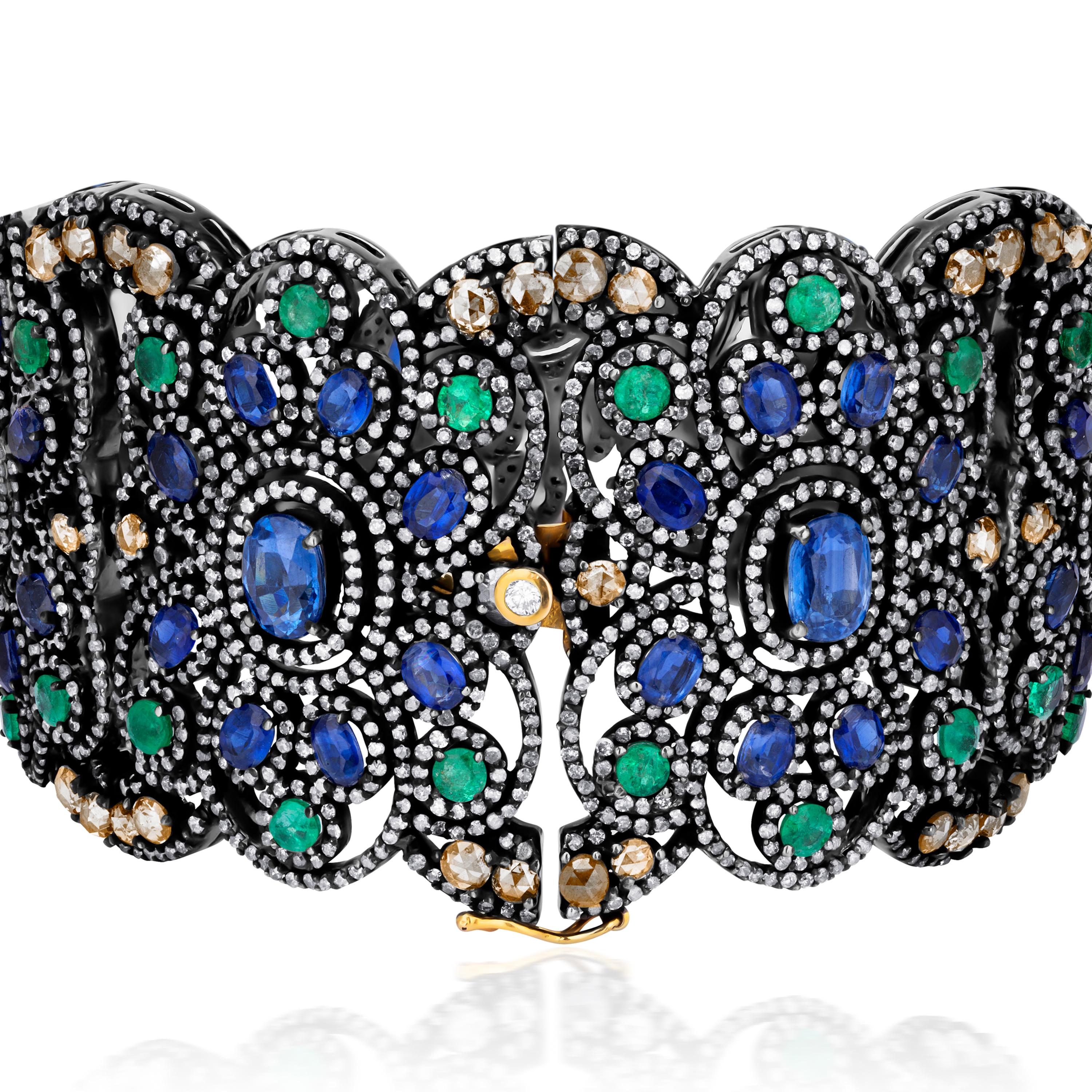 Victorian 42.5cttw. Diamonds, Kyanite and Emerald Floral Bracelet In New Condition For Sale In New York, NY