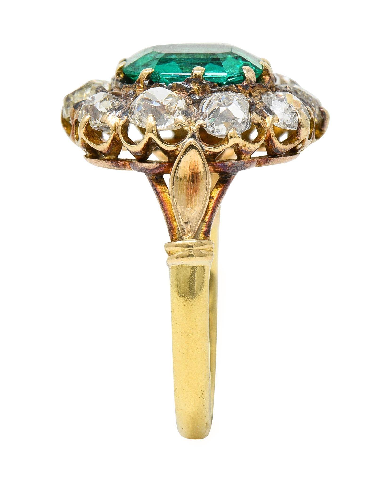Victorian 4.28 CTW Colombian Emerald Diamond 18 Karat Yellow Gold Halo Ring GIA 5