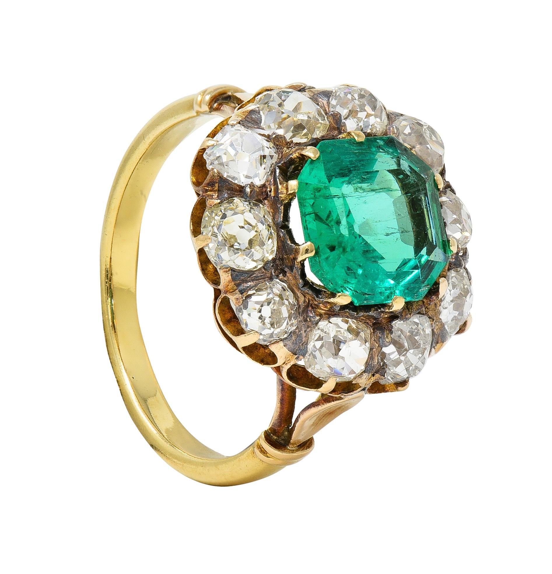 Victorian 4.28 CTW Colombian Emerald Diamond 18 Karat Yellow Gold Halo Ring GIA 6