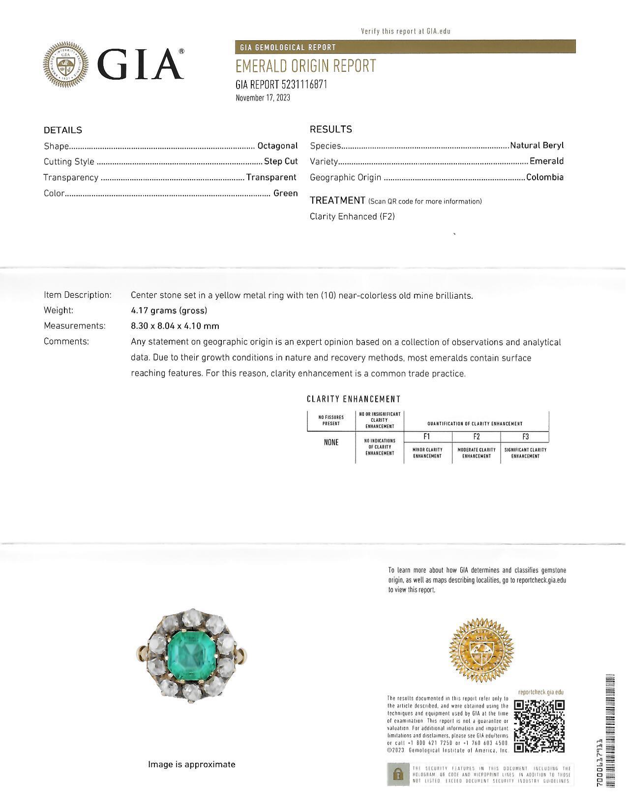 Victorian 4.28 CTW Colombian Emerald Diamond 18 Karat Yellow Gold Halo Ring GIA 7