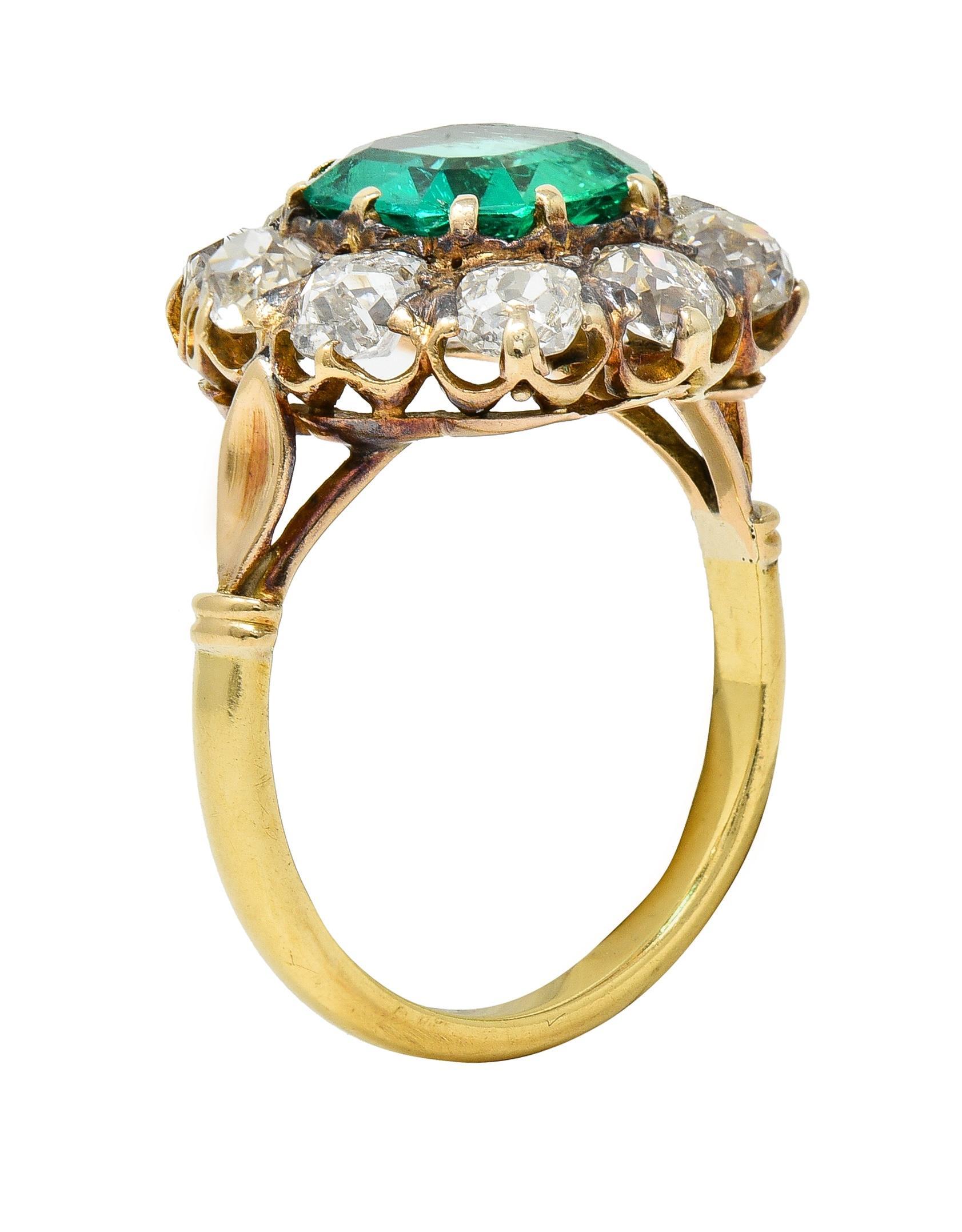 Old Mine Cut Victorian 4.28 CTW Colombian Emerald Diamond 18 Karat Yellow Gold Halo Ring GIA