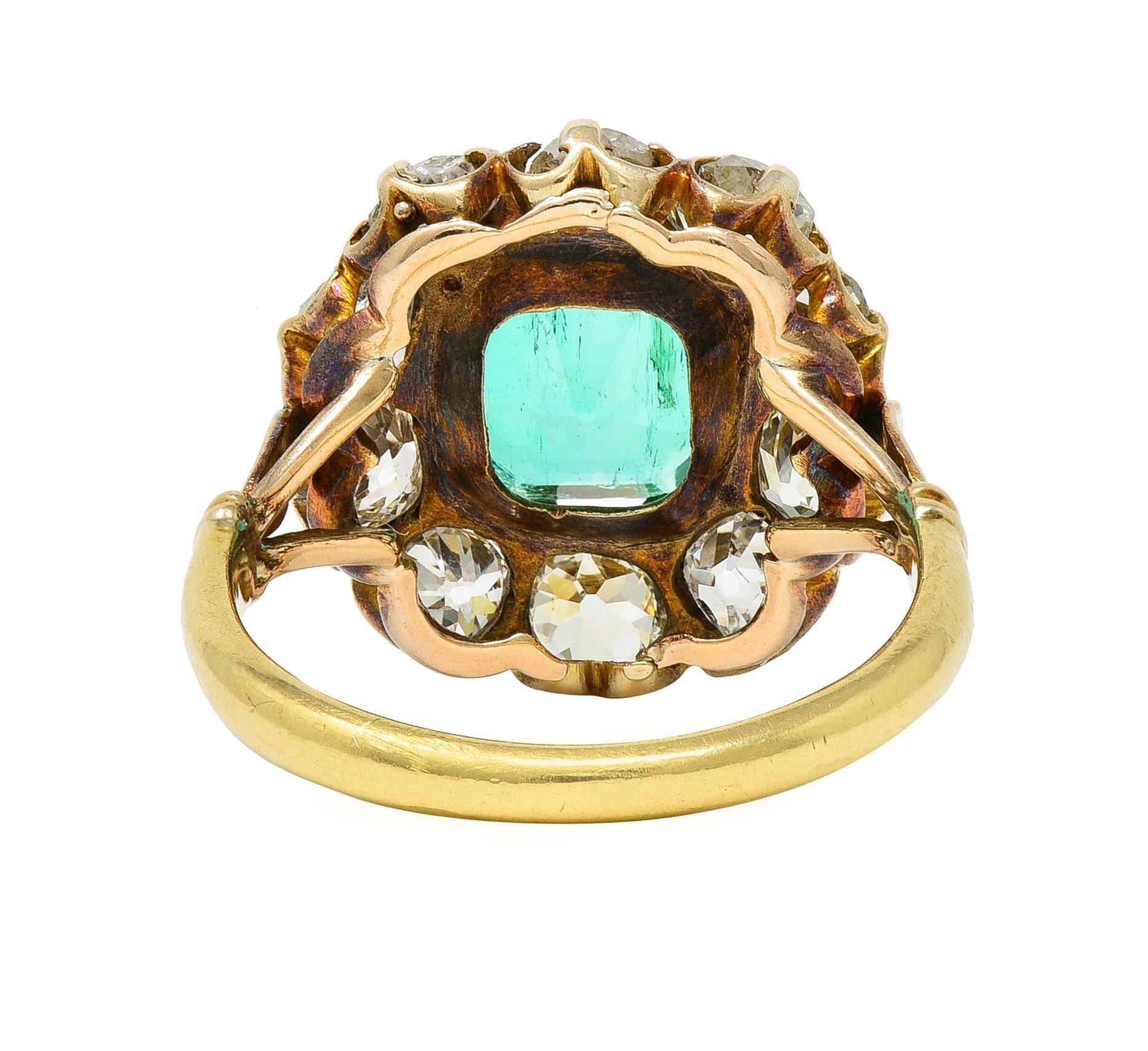 Women's or Men's Victorian 4.28 CTW Colombian Emerald Diamond 18 Karat Yellow Gold Halo Ring GIA