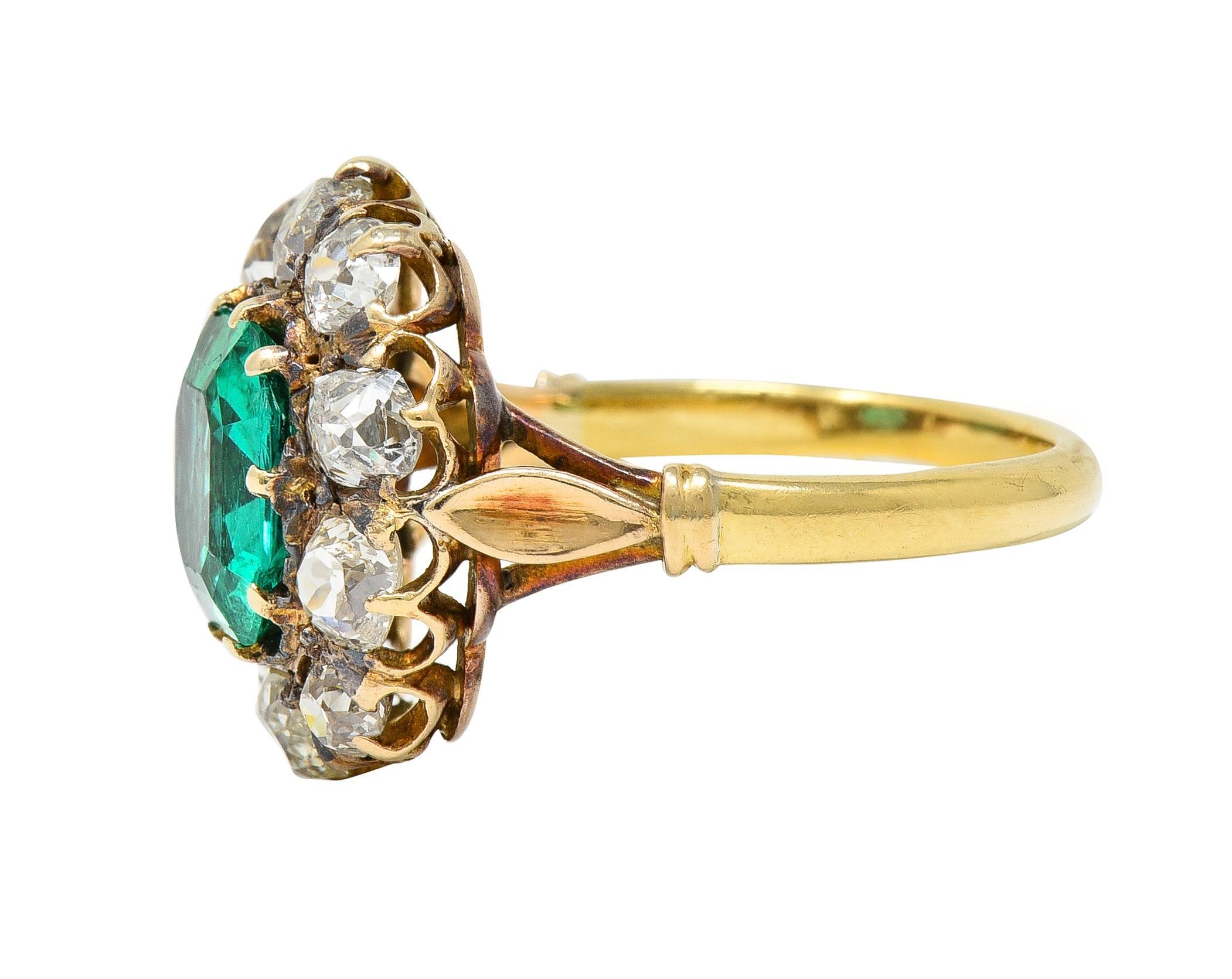 Victorian 4.28 CTW Colombian Emerald Diamond 18 Karat Yellow Gold Halo Ring GIA 1