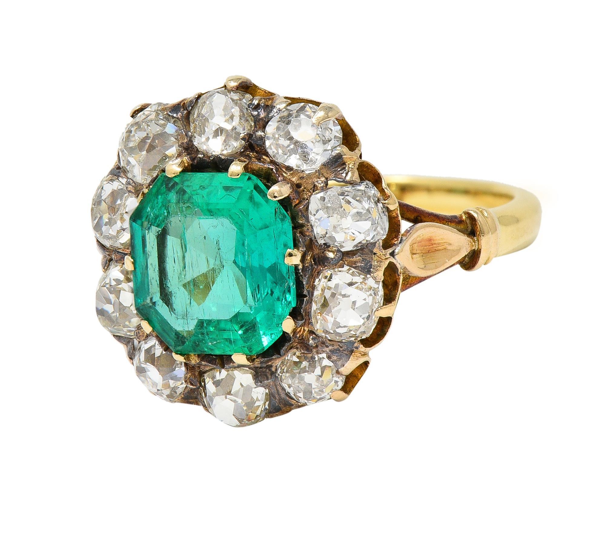Victorian 4.28 CTW Colombian Emerald Diamond 18 Karat Yellow Gold Halo Ring GIA 2