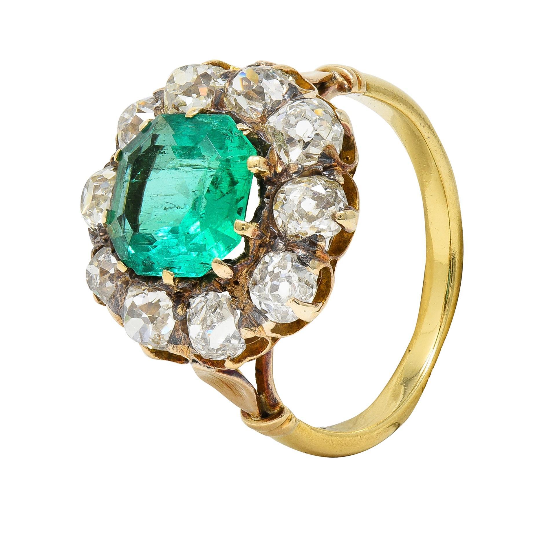 Victorian 4.28 CTW Colombian Emerald Diamond 18 Karat Yellow Gold Halo Ring GIA 3
