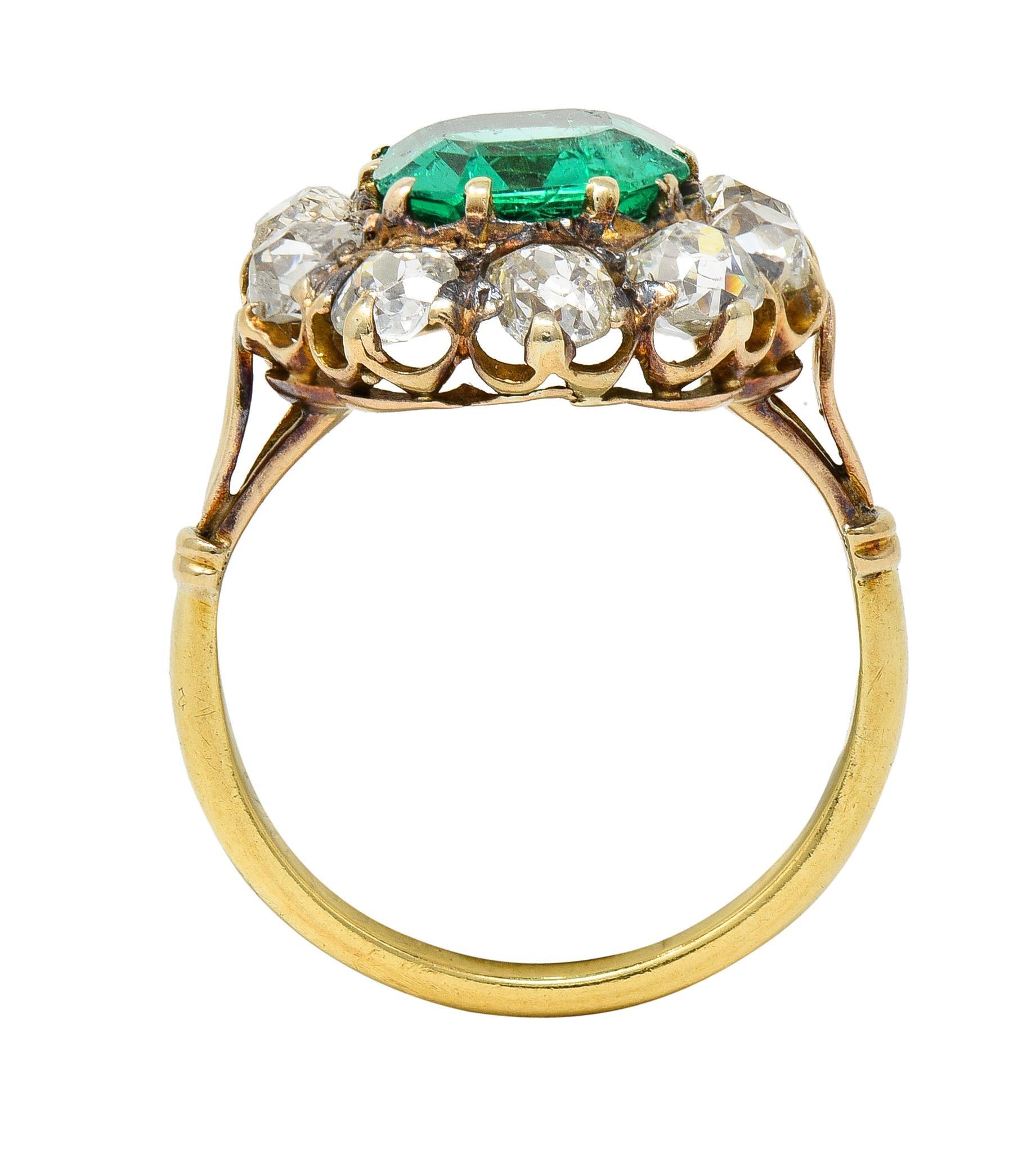 Victorian 4.28 CTW Colombian Emerald Diamond 18 Karat Yellow Gold Halo Ring GIA 4