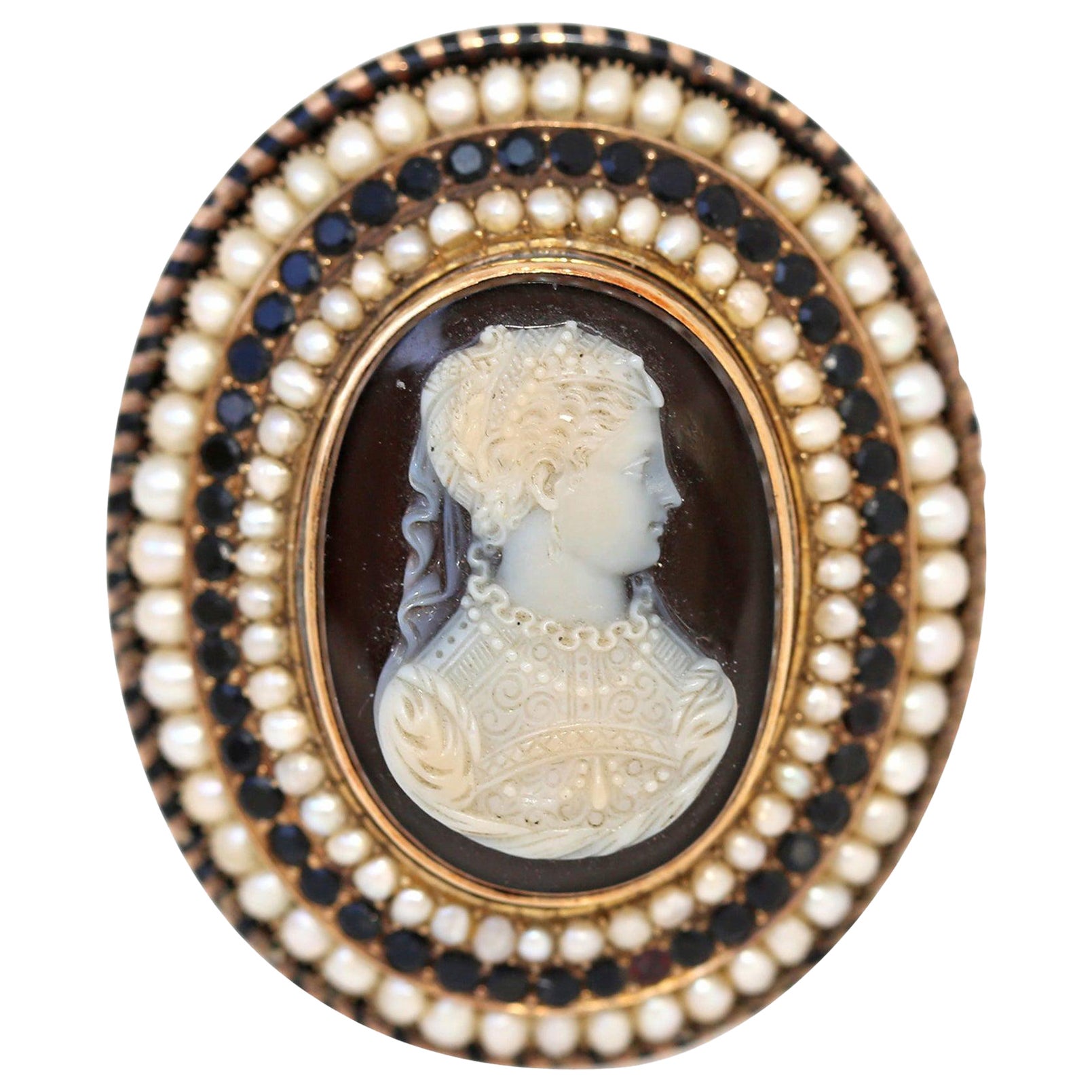 Victorian 42g Yellow Gold Garnet Agate Pearl Cameo Brooch, 1860