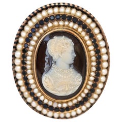 Victorian 42g Yellow Gold Garnet Agate Pearl Cameo Brooch, 1860