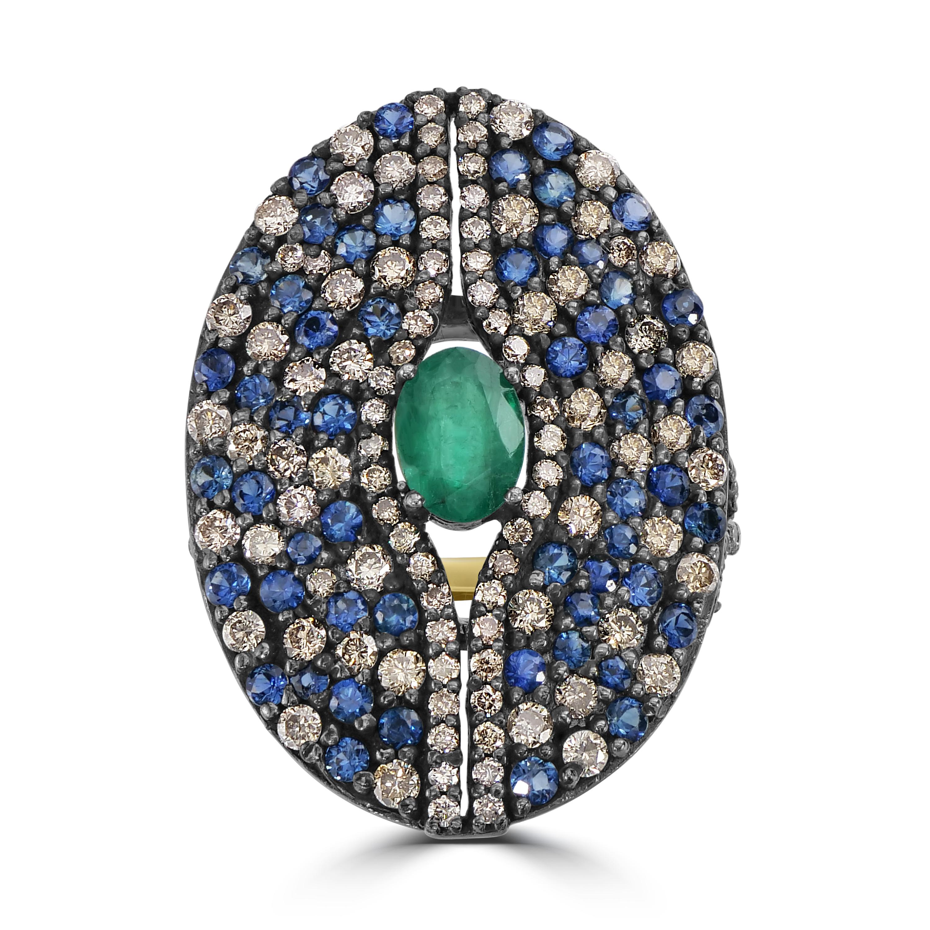 Viktorianisch 4.3 Cttw. Smaragd, Saphir und Diamant Ring mit geteiltem Schaft im Zustand „Neu“ im Angebot in New York, NY