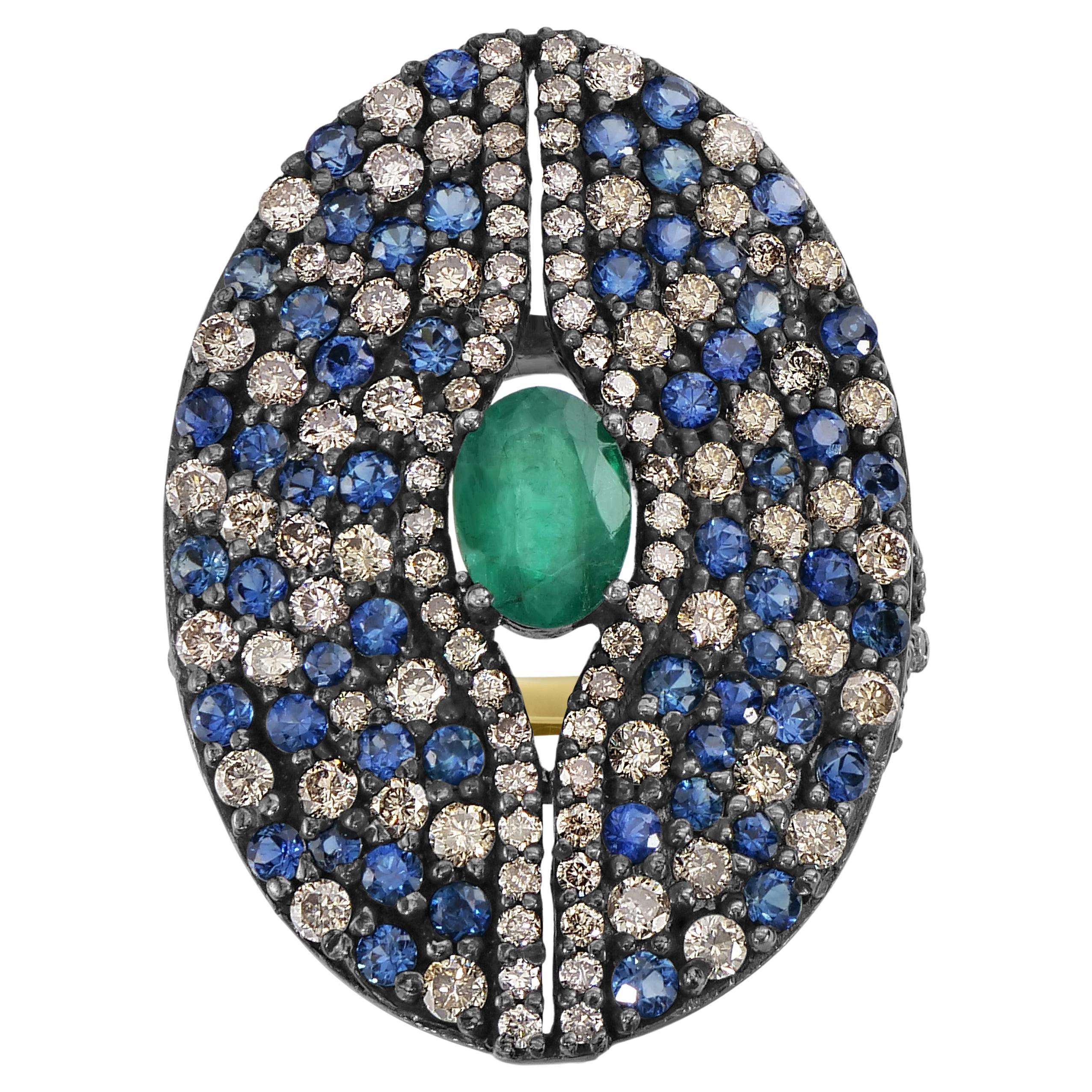 Viktorianisch 4.3 Cttw. Smaragd, Saphir und Diamant Ring mit geteiltem Schaft im Angebot