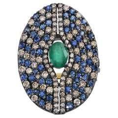 Viktorianisch 4.3 Cttw. Smaragd, Saphir und Diamant Ring mit geteiltem Schaft