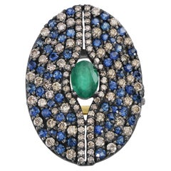 Victoriana 4.3 Cttw. Anillo Esmeralda Natural, Zafiro y Diamante Talla 7 En 18K/SS