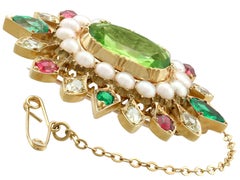 Victorian 4.35 Carat Peridot 2.56 Carat Emerald Sapphire Seed Pearl Gold Brooch