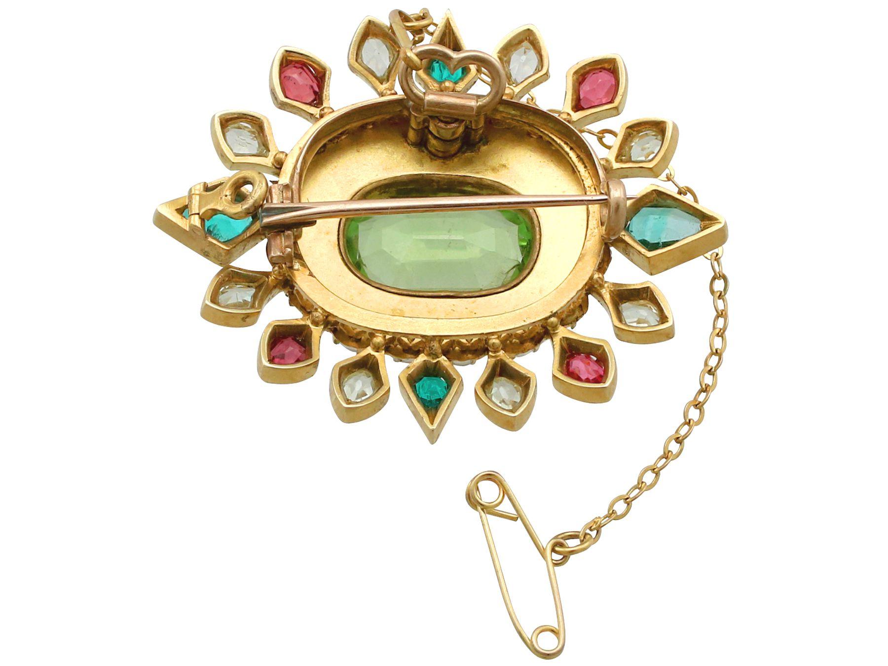 Victorian 4.35 Carat Peridot 2.56 Carat Emerald Sapphire Seed Pearl Gold Brooch In Excellent Condition For Sale In Jesmond, Newcastle Upon Tyne