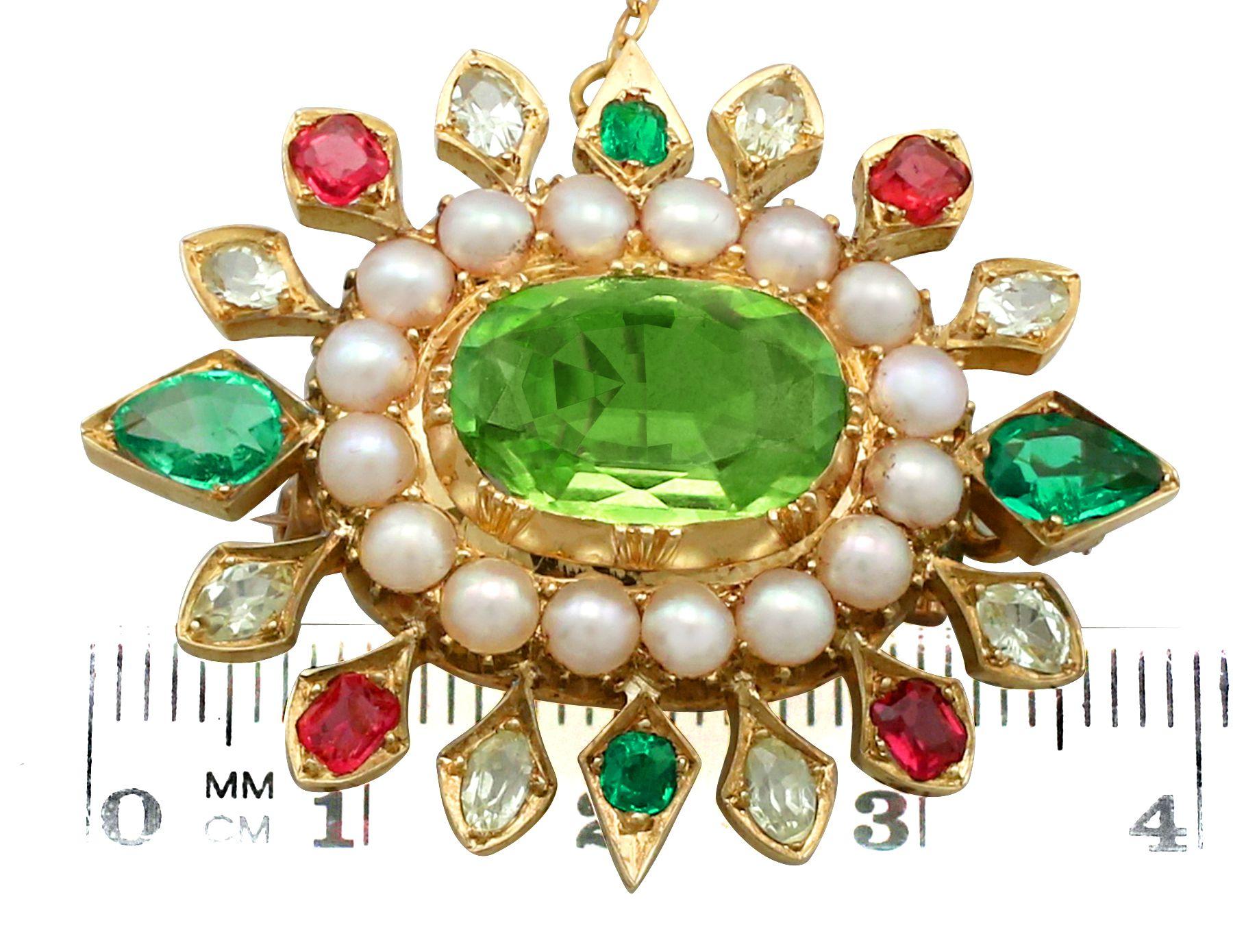 Women's or Men's Victorian 4.35 Carat Peridot 2.56 Carat Emerald Sapphire Seed Pearl Gold Brooch For Sale