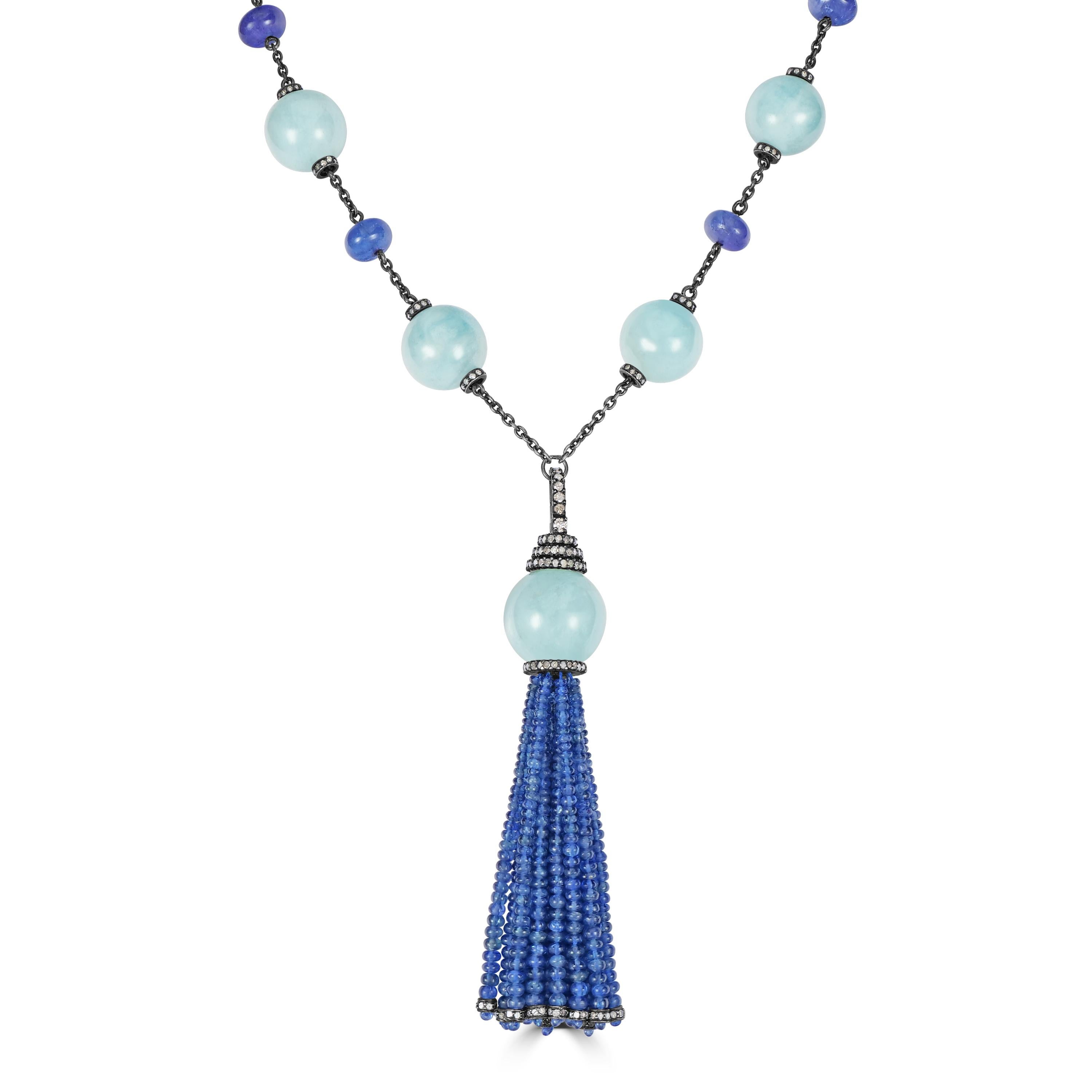 Round Cut Victorian 439 Cttw. Agate, Blue Sapphire and Diamond Tassel Necklace  For Sale