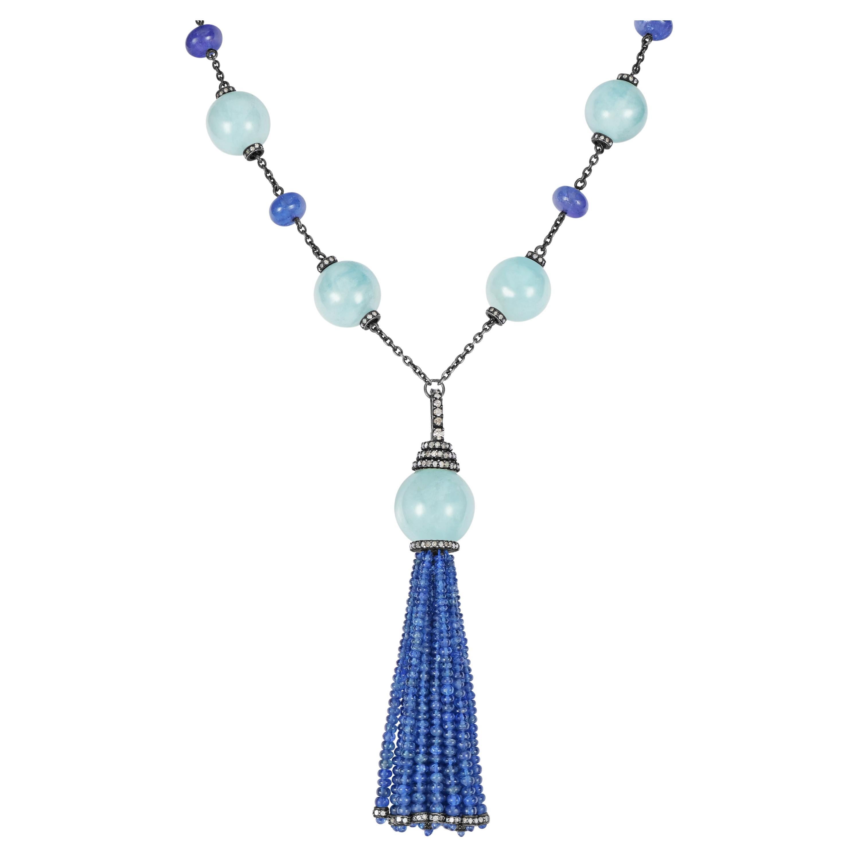 Victorian 439 ct. pt. Collier à pompon en agate, saphir bleu et diamants 