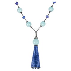 Victorian 439 Cttw. Agate, Blue Sapphire and Diamond Tassel Necklace