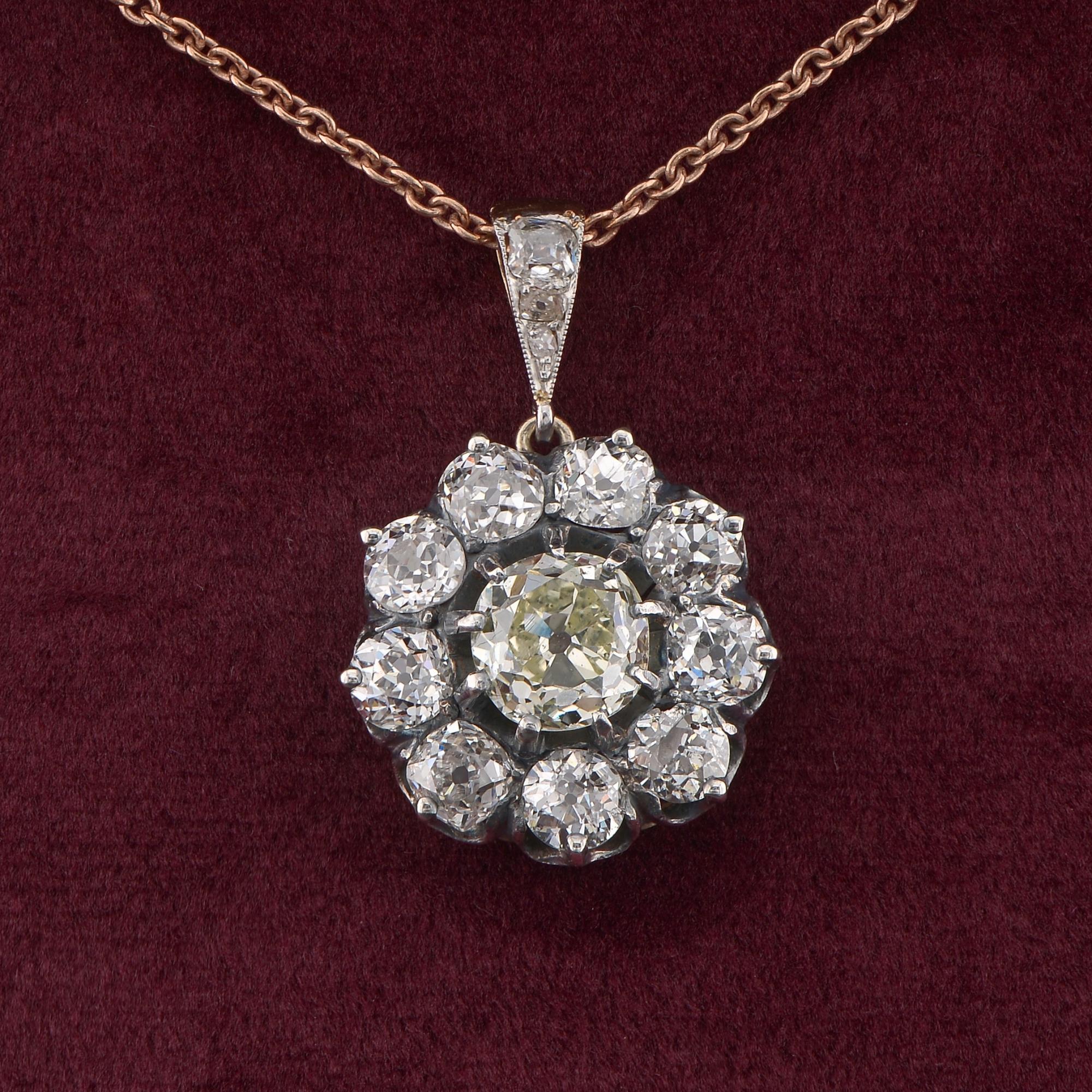 Impressed into Eternity
This stunning Victorian Diamond pendant is original 1870 ca
A beautiful large sized flower in the shape of a Daisy is skillful hand crafted in the glorious Victorian workmanship, tested for 18 KT gold /silver top
Adorned with