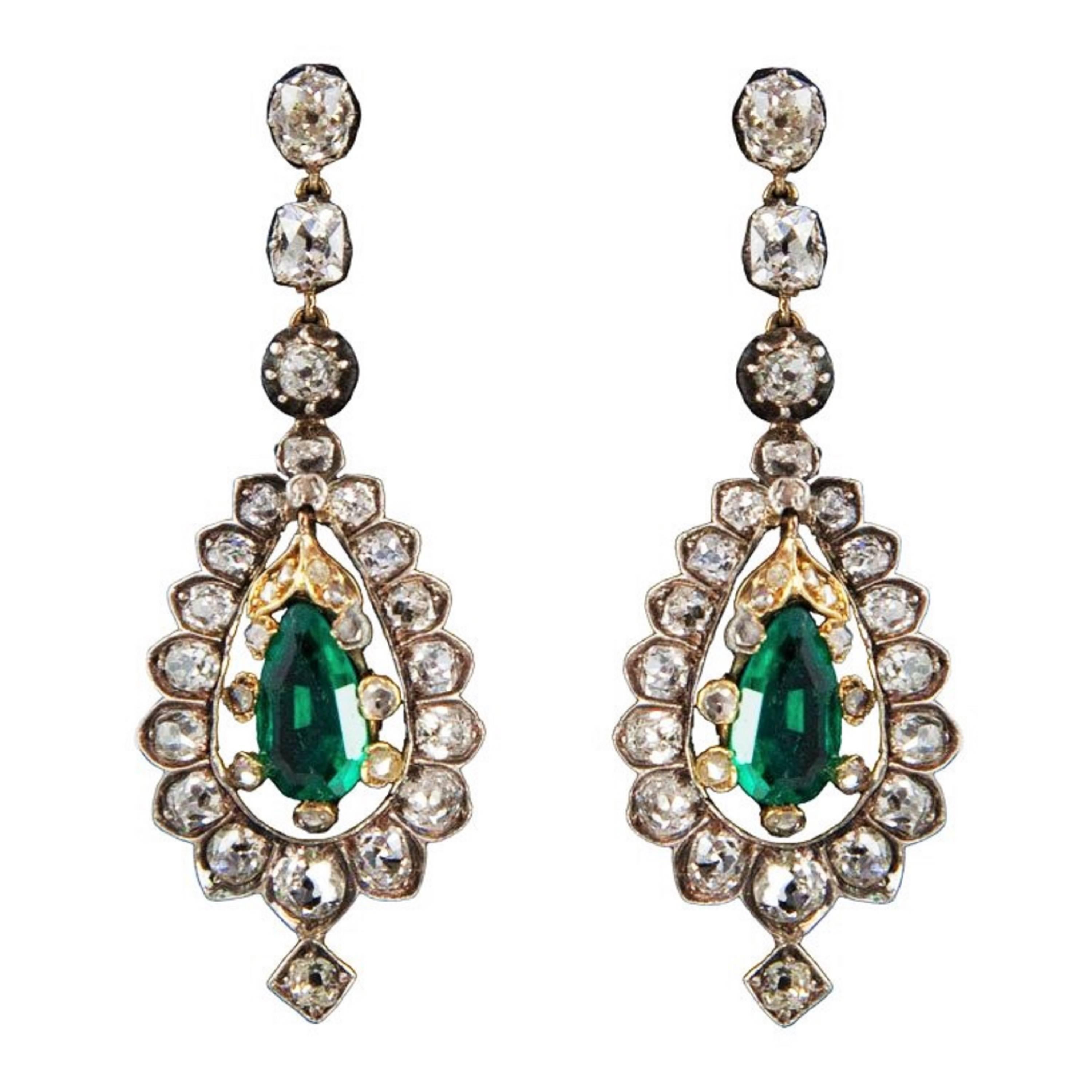 Victorian 4.44 Carat Diamond, 1.88 Carat Emerald, Gold & Silver Pendant Earrings