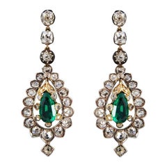 Antique Victorian 4.44 Carat Diamond, 1.88 Carat Emerald, Gold & Silver Pendant Earrings