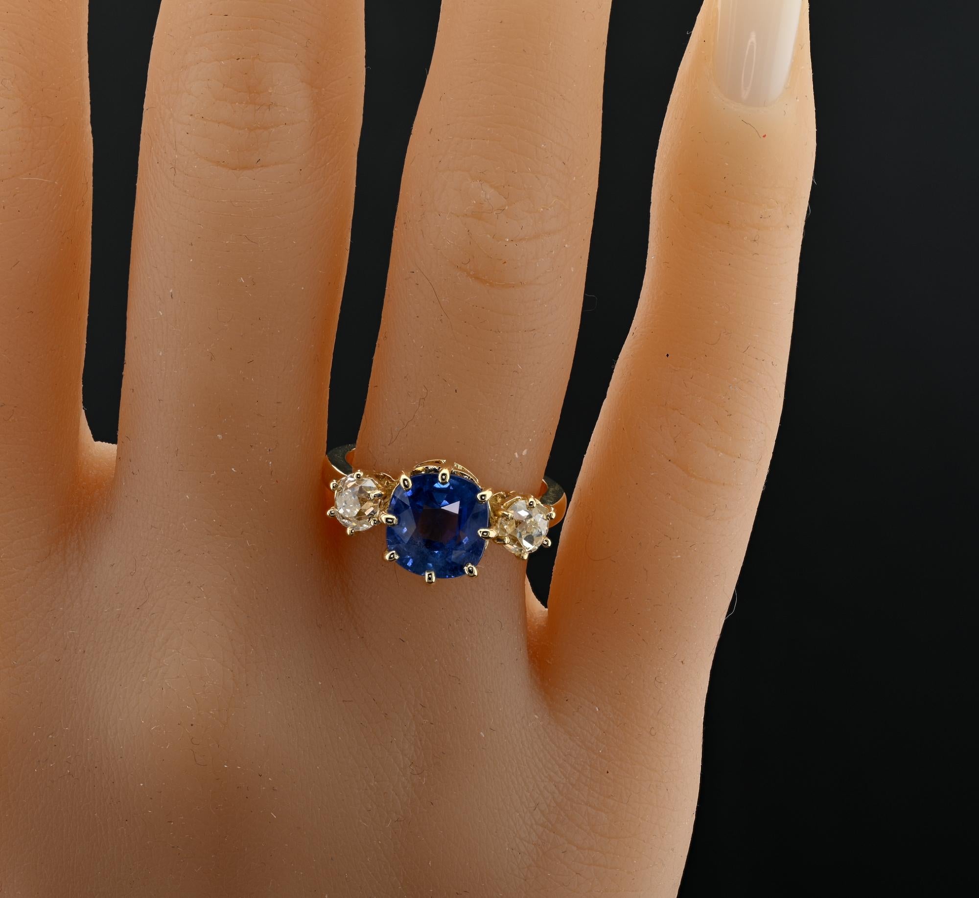 Victorian 4.45 Ct Natural No Heat Ceylon Sapphire 1.15 Ct Diamond Trilogy Ring For Sale 5