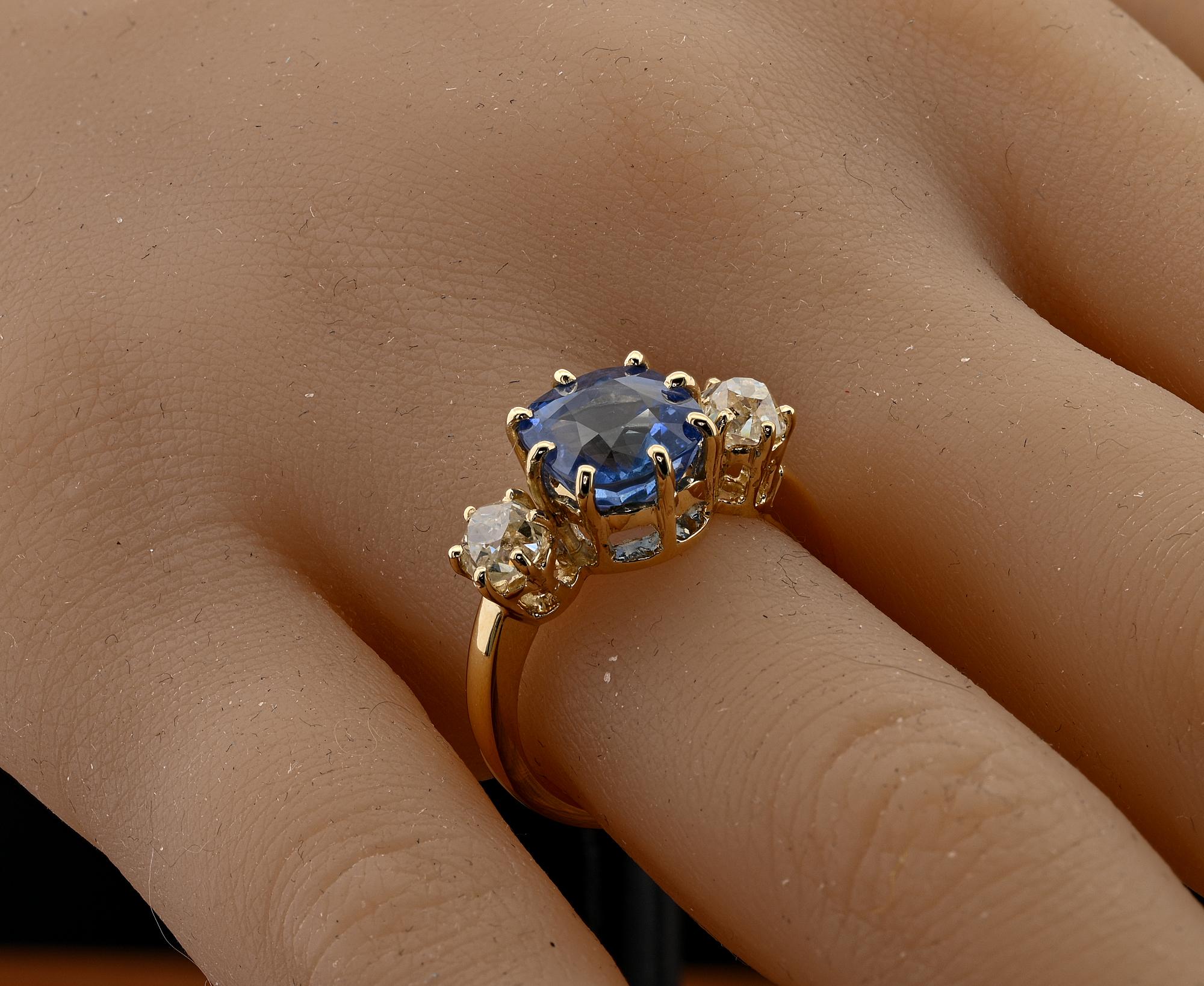 Victorian 4.45 Ct Natural No Heat Ceylon Sapphire 1.15 Ct Diamond Trilogy Ring For Sale 6