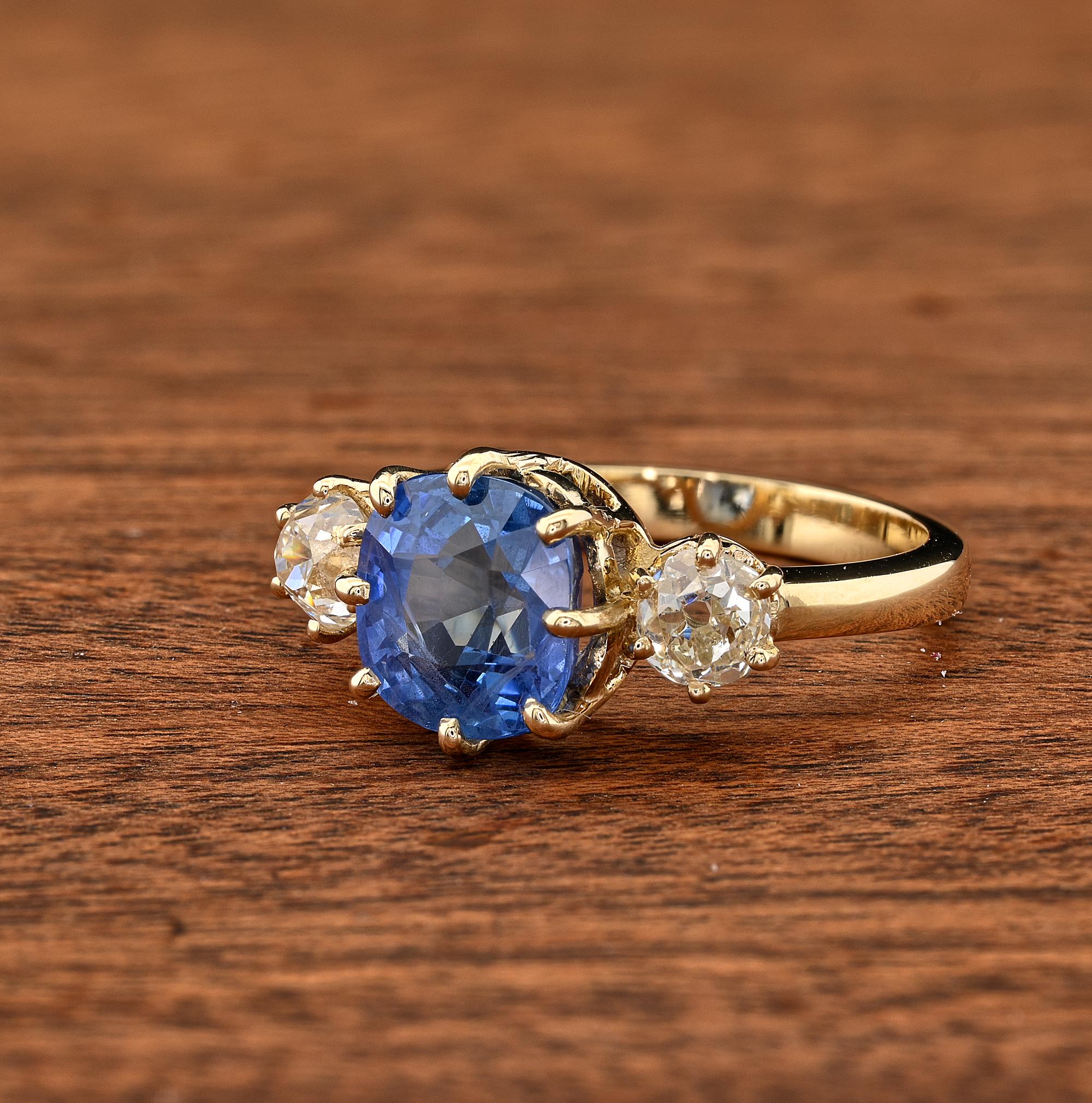 Victorian 4.45 Ct Natural No Heat Ceylon Sapphire 1.15 Ct Diamond Trilogy Ring For Sale 1