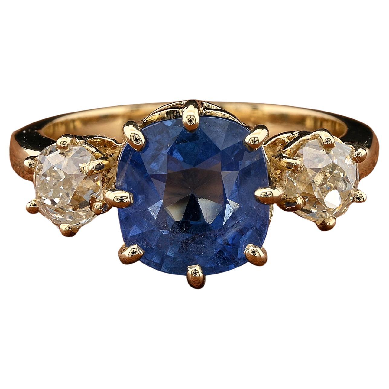 Victorian 4.45 Ct Natural No Heat Ceylon Sapphire 1.15 Ct Diamond Trilogy Ring