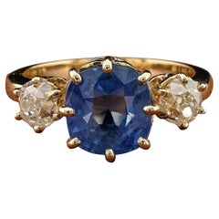 Victorian 4.45 Ct Natural No Heat Ceylon Sapphire 1.15 Ct Diamond Trilogy Ring