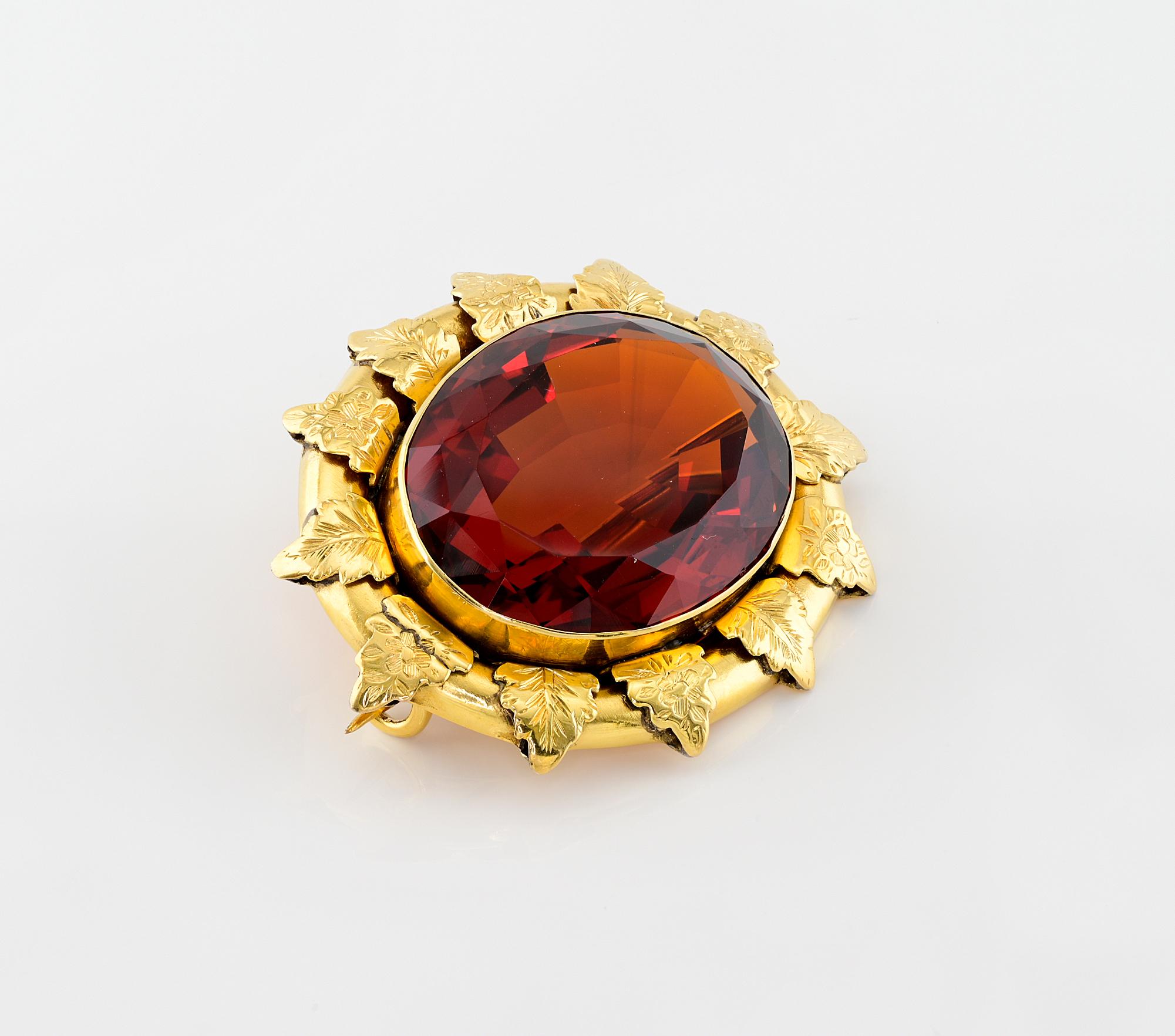 Oval Cut Victorian 44.50 Ct Madeira Citrine  18 KT Brooch For Sale
