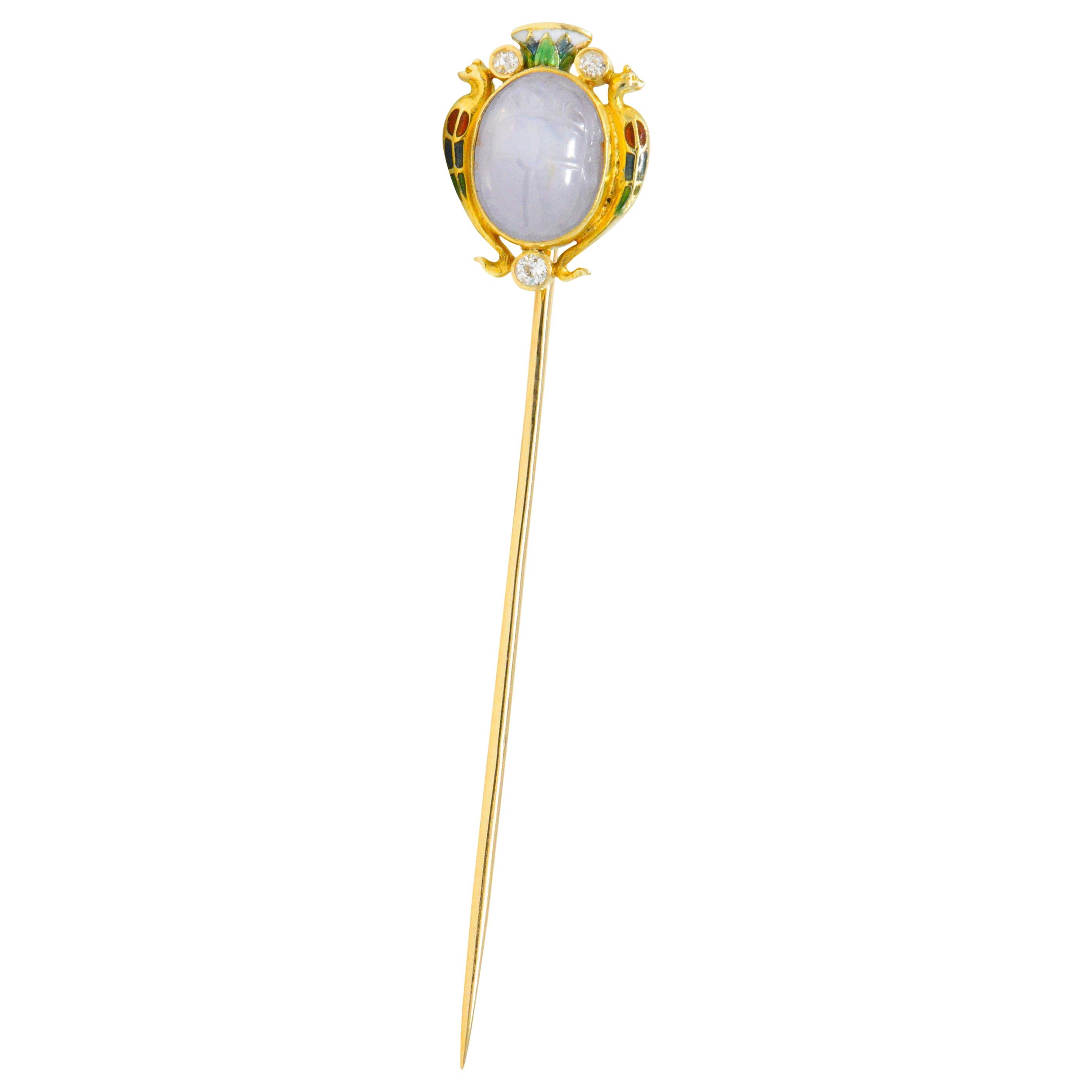 Victorian 4.47 Carat Star Sapphire Diamond Enamel 14 Karat Gold Scarab Stickpin