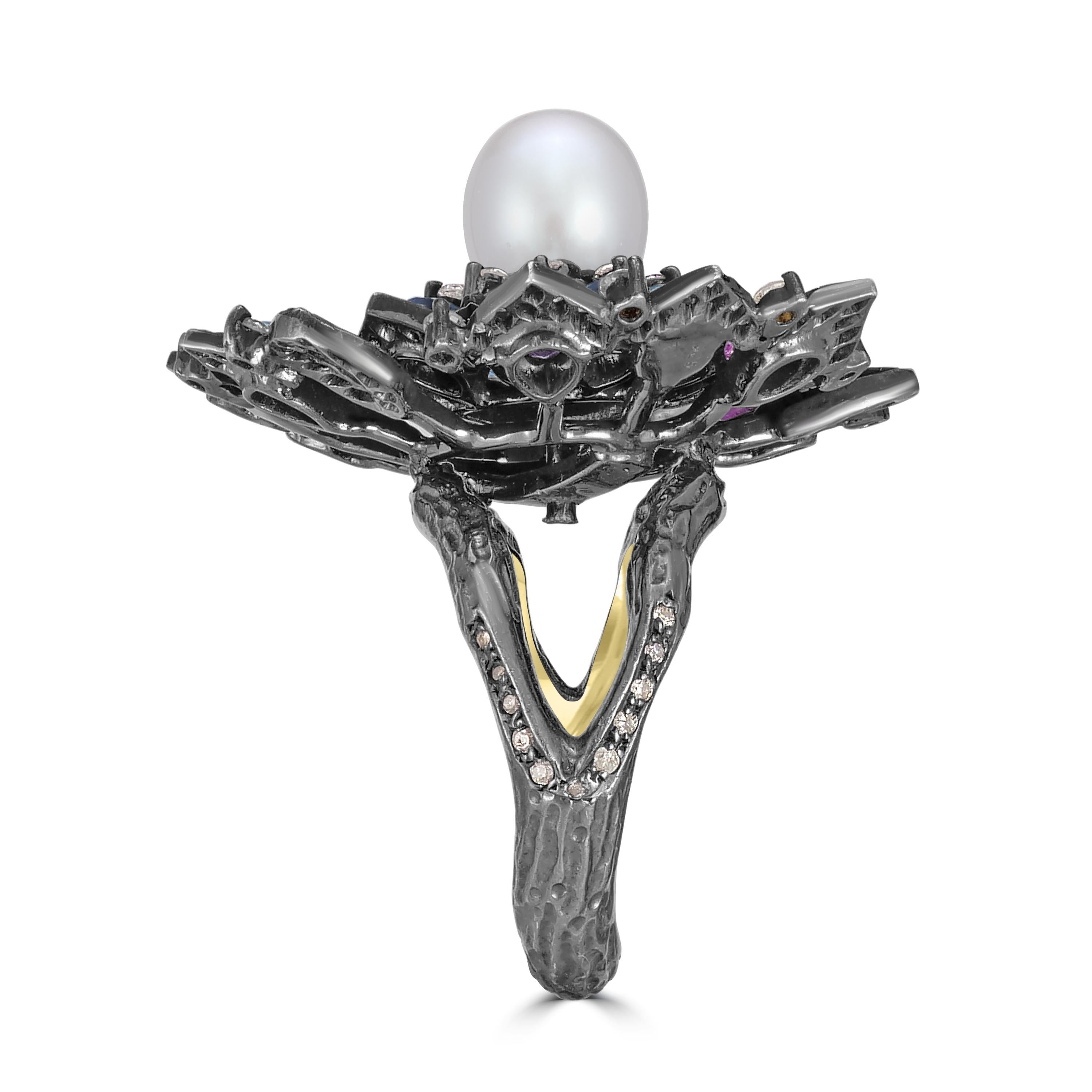 Pear Cut Victorian 4.85 Cttw. Pearl, Blue and Pink Sapphire/Diamond Ring Size 7 In 18K/SS For Sale