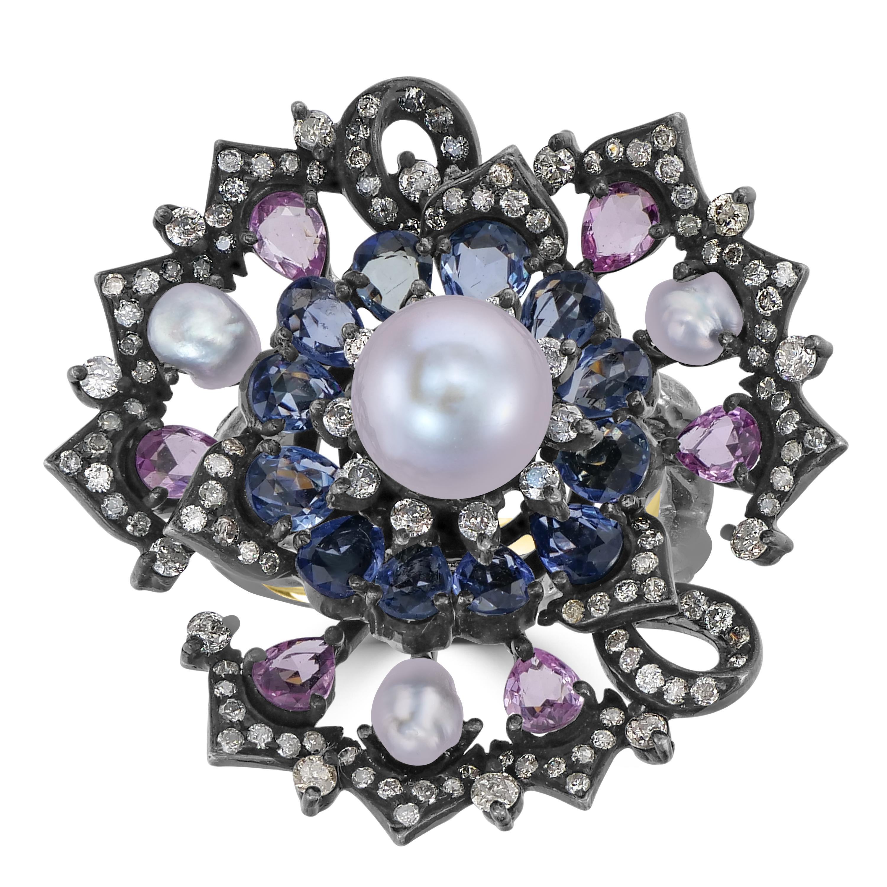 Viktorianisch 4.5 Cttw. Blauer und Pinker Saphir Diamant Ring mit geteiltem Schaft und Blumen im Zustand „Neu“ im Angebot in New York, NY