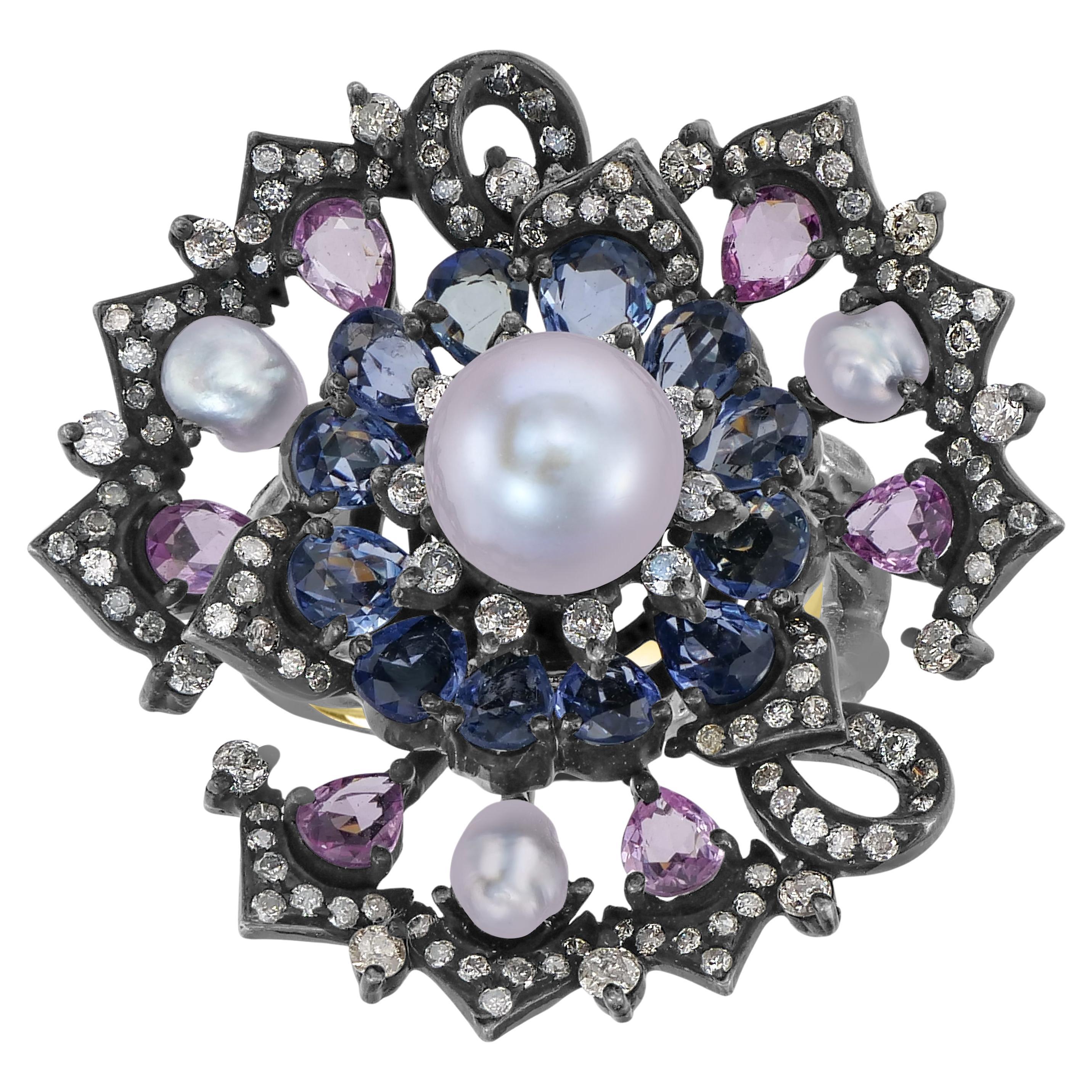 Viktorianisch 4.5 Cttw. Blauer und Pinker Saphir Diamant Ring mit geteiltem Schaft und Blumen im Angebot