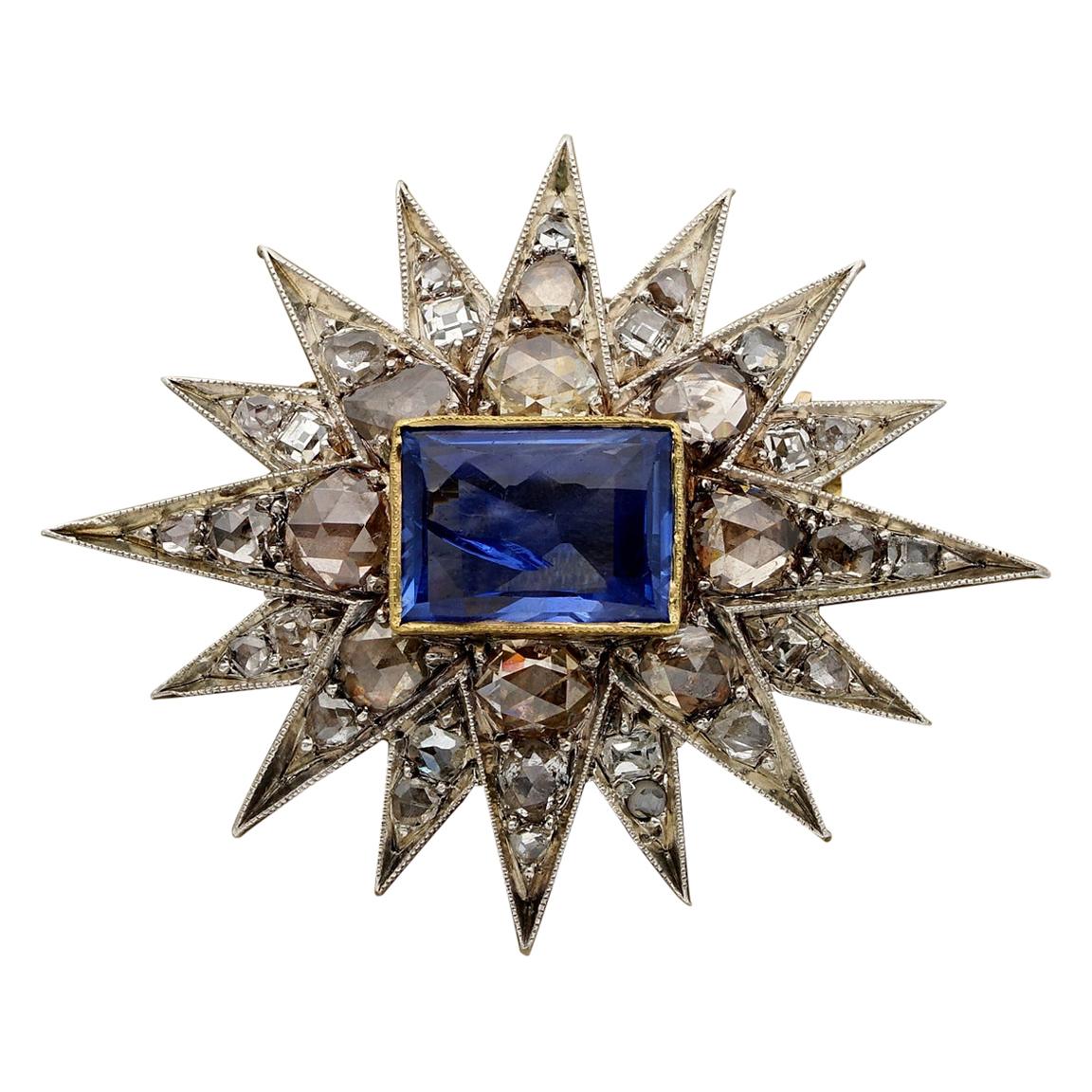 Victorian 4.50 Carat Natural No Heat Sapphire Diamond Star Brooch Pendant
