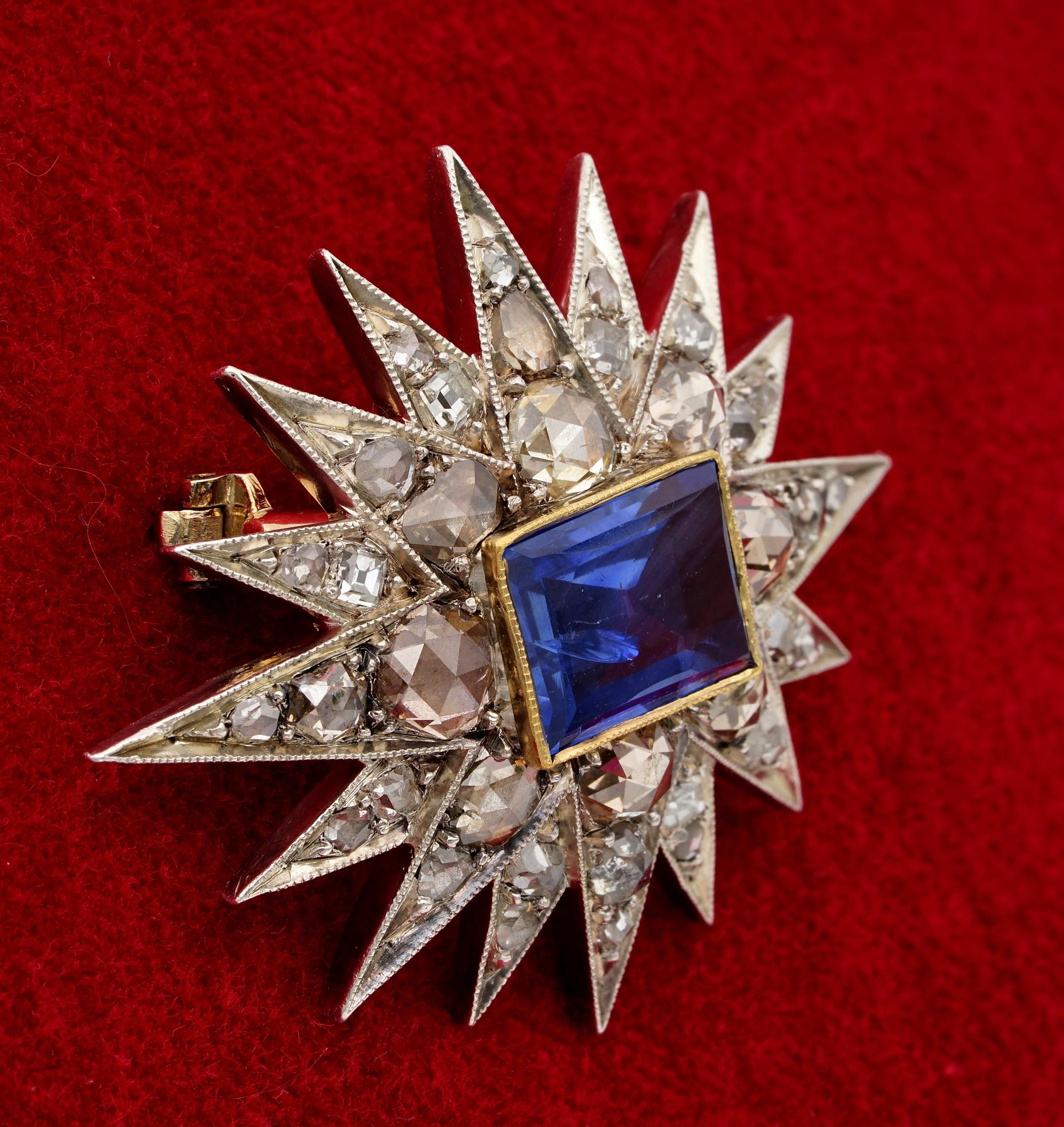 Victorian 4.50 Carat Natural No Heat Sapphire Diamond Star Brooch Pendant In Good Condition In Napoli, IT