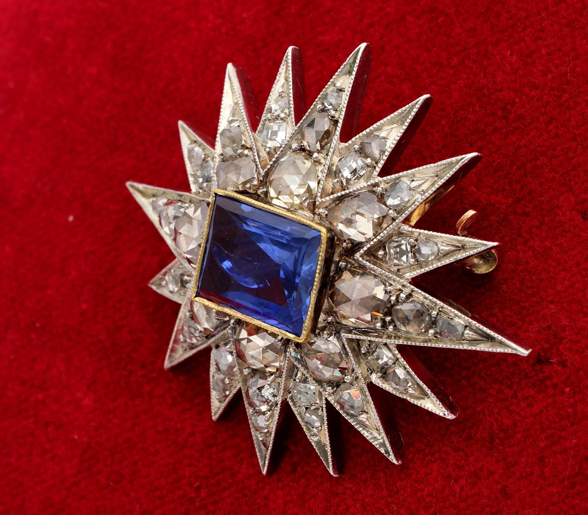 Women's or Men's Victorian 4.50 Carat Natural No Heat Sapphire Diamond Star Brooch Pendant