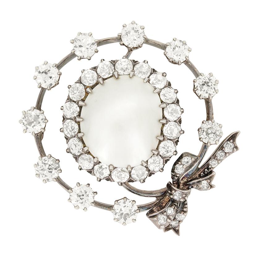 Old Mine Cut Victorian 4.55ct Diamond and Pearl Brooch, c.1880s For Sale